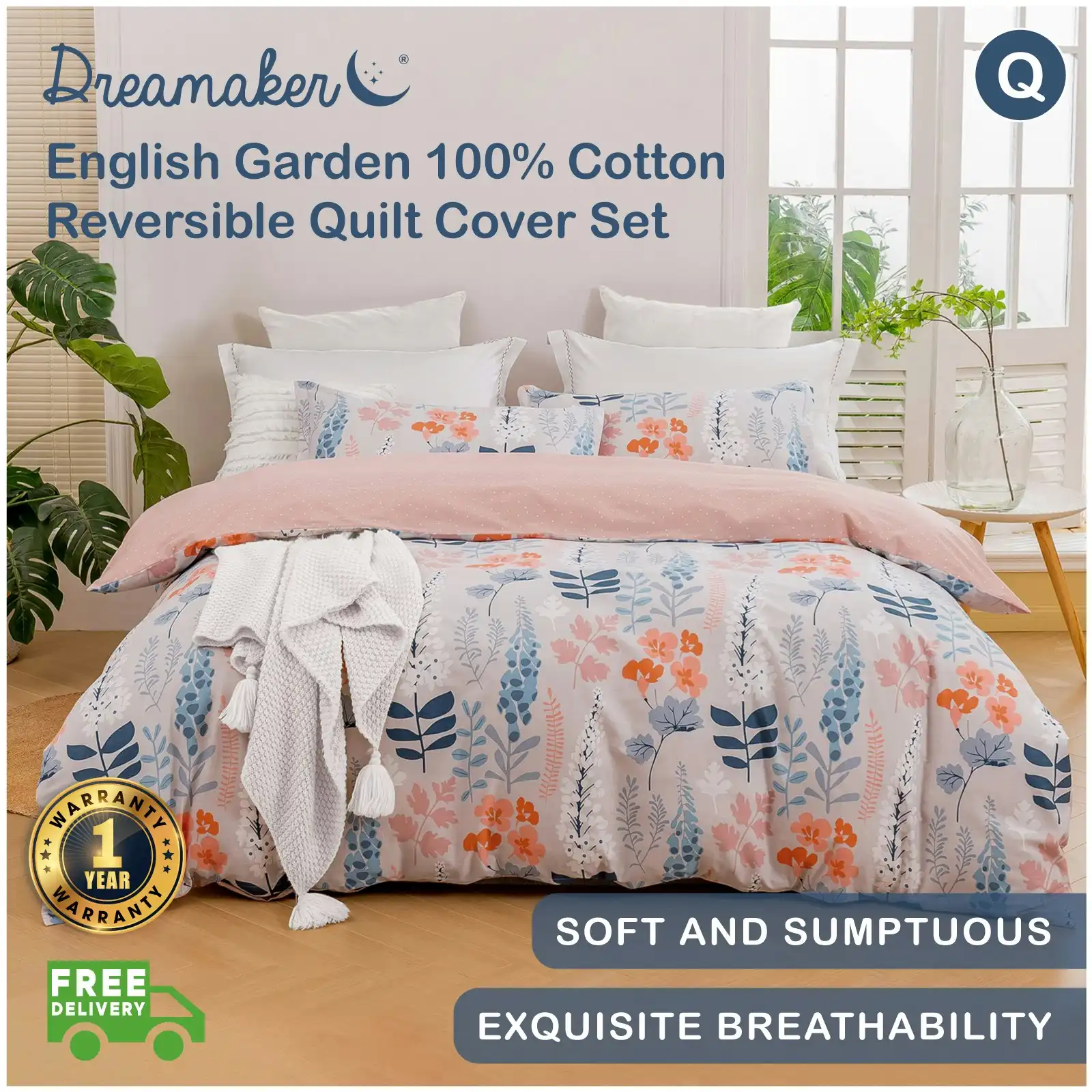 Dreamaker English Garden 100% Cotton Reversible Quilt Cover Set Pink Queen Bed
