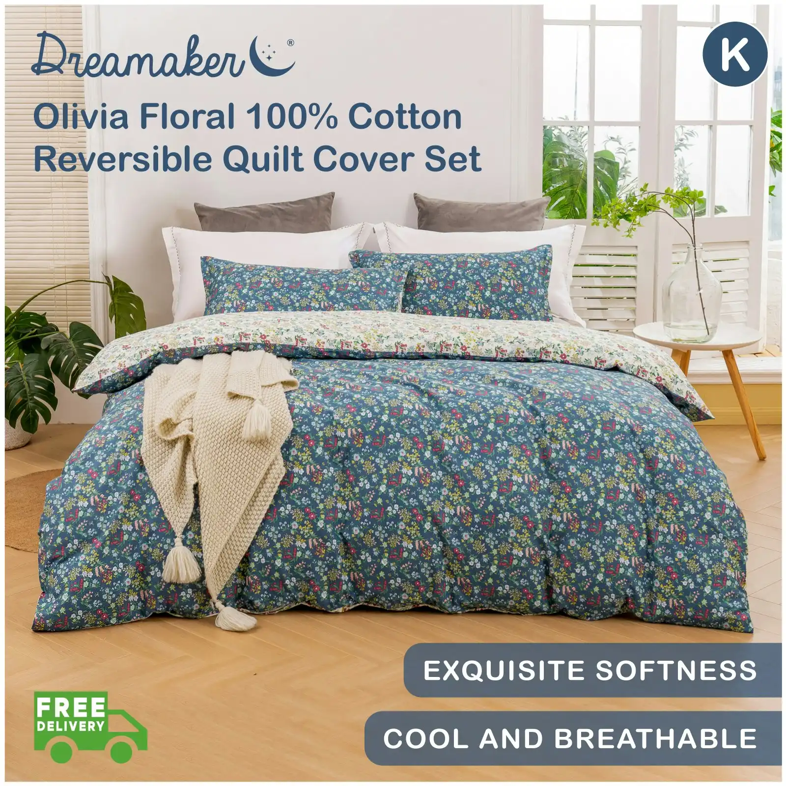 Dreamaker Olivia Floral 100% Cotton Reversible Quilt Cover Set Blue Queen Bed