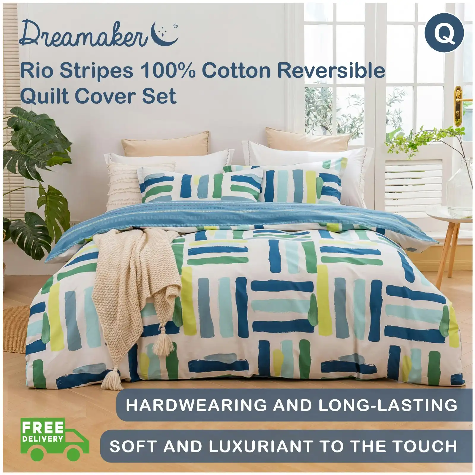 Dreamaker Rio Stripes 100% Cotton Reversible Quilt Cover Set Blue Queen Bed