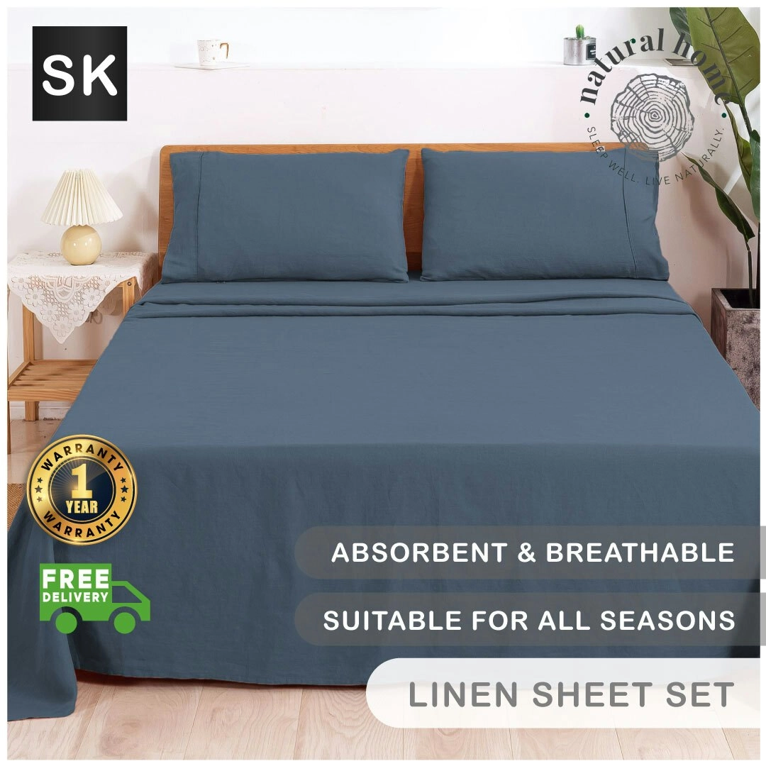 Natural Home 100% European Flax Linen Sheet Set Washed Blue Super King Bed