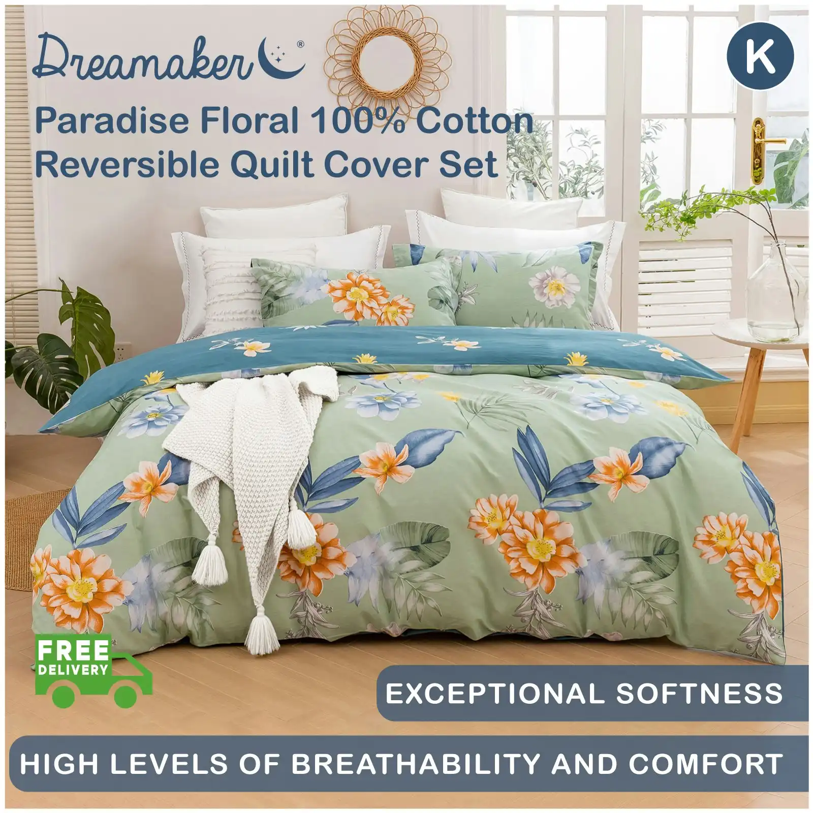 Dreamaker Paradise Floral 100% Cotton Reversible Quilt Cover Set Mint King Bed