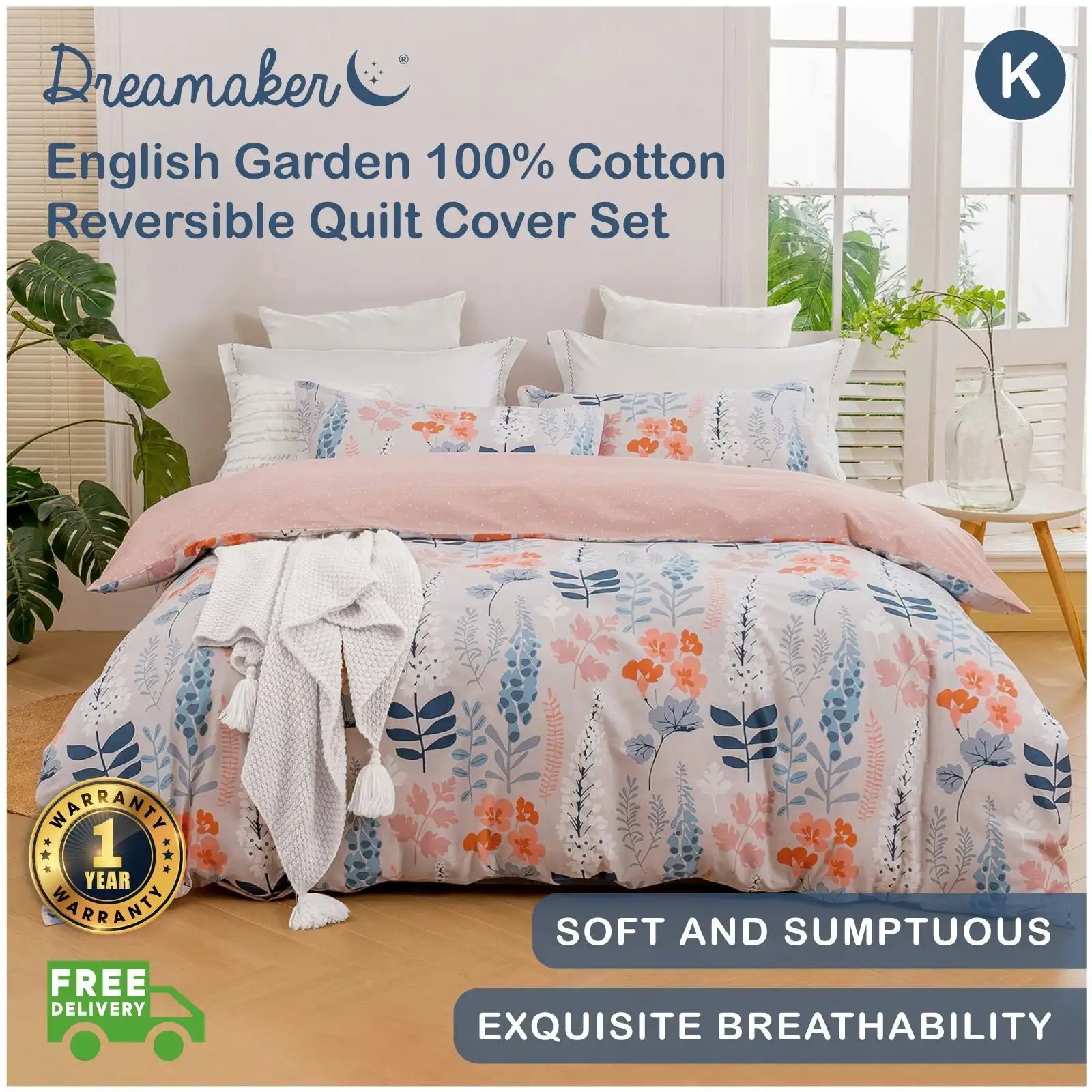 Dreamaker English Garden 100% Cotton Reversible Quilt Cover Set Pink King Bed