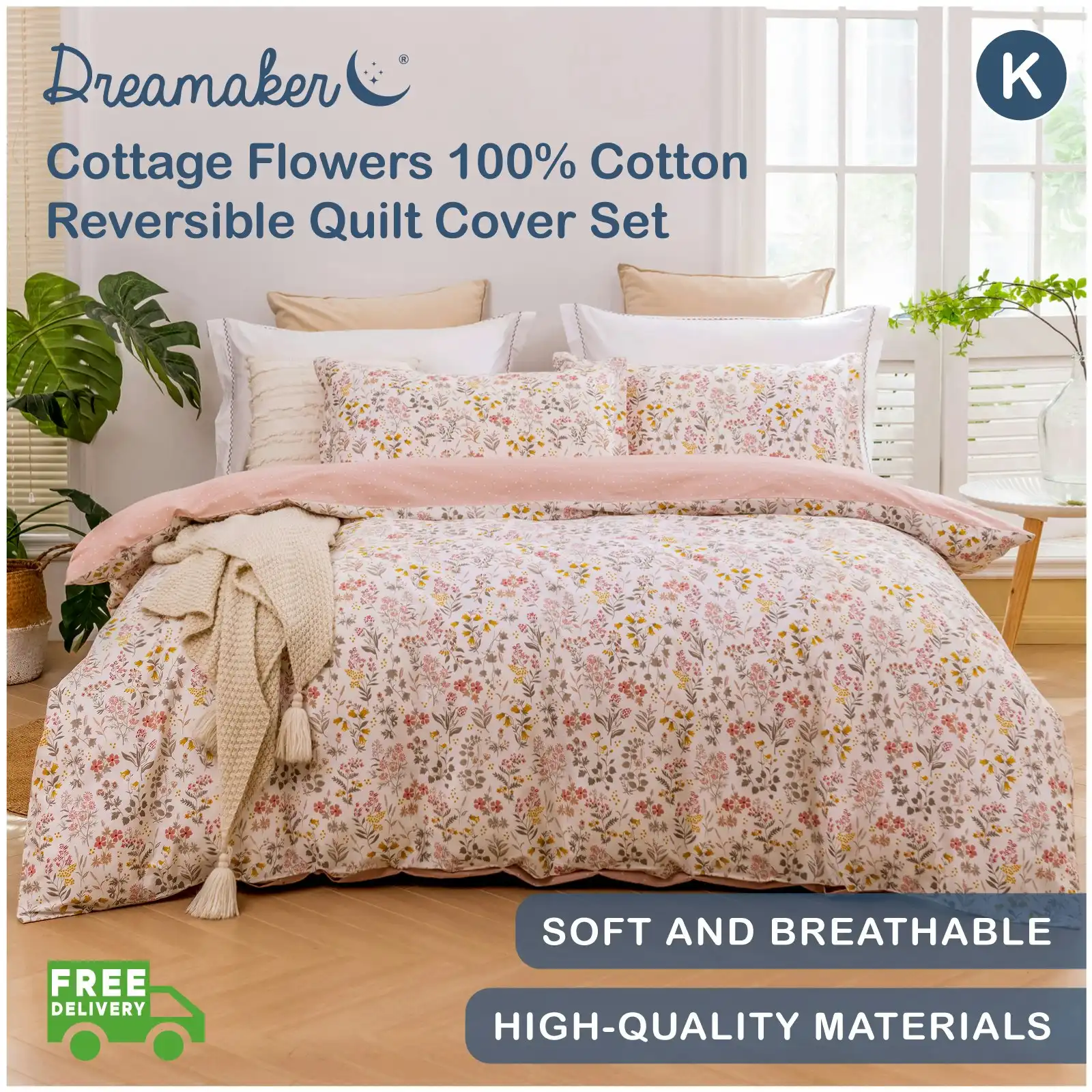 Dreamaker Cottage Flowers 100% Cotton Reversible Quilt Cover Set Pink King Bed