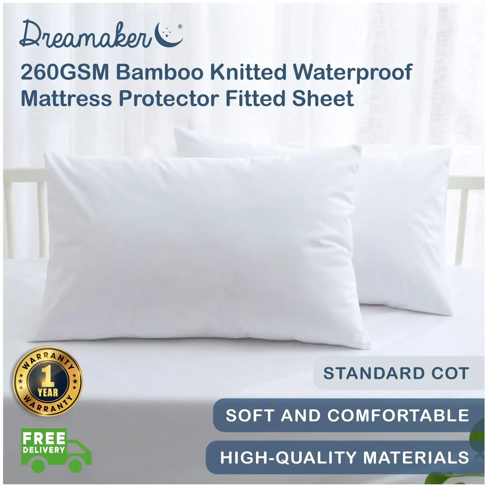 Dreamaker 260gsm Bamboo Knitted Baby COT Waterproof Mattress Protector White Fitted Sheet Standard