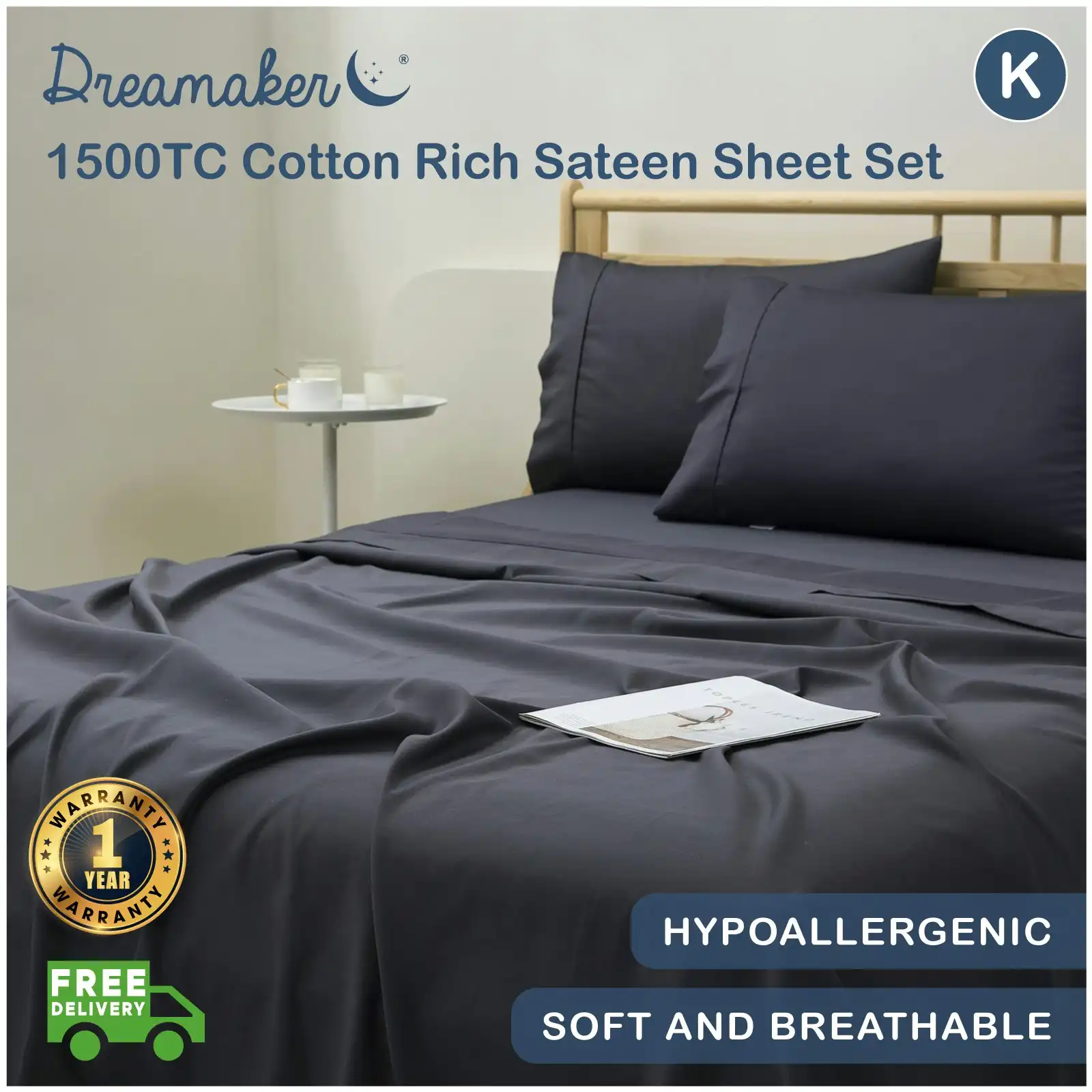 Dreamaker 1500TC Cotton Rich Sateen Sheet Set Charcoal King Bed