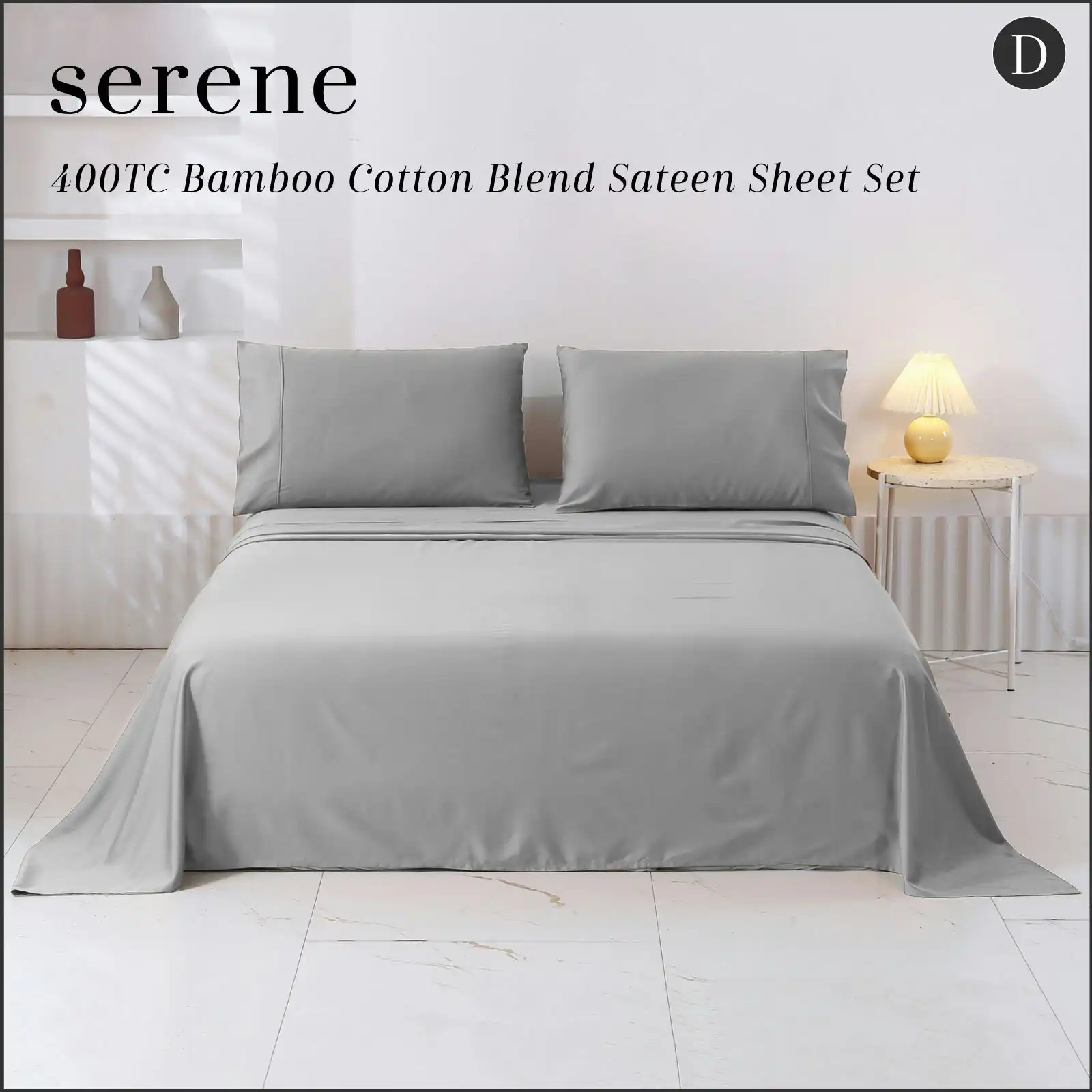 Serene 400TC Bamboo Cotton Blend Sateen Sheet Set DOVE GREY Double Bed