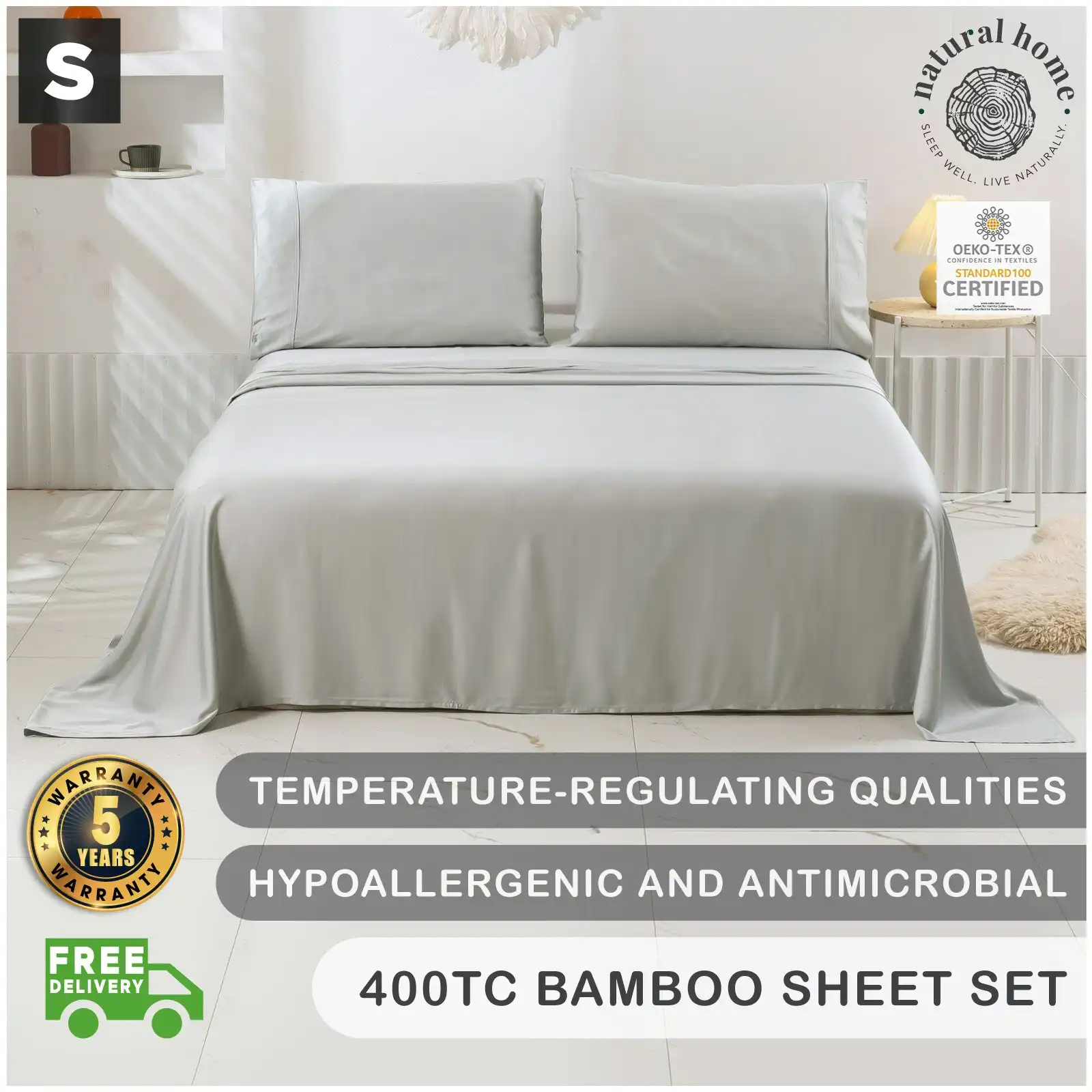 Natural Home Bamboo Sheet Set Dove Grey Single Bed