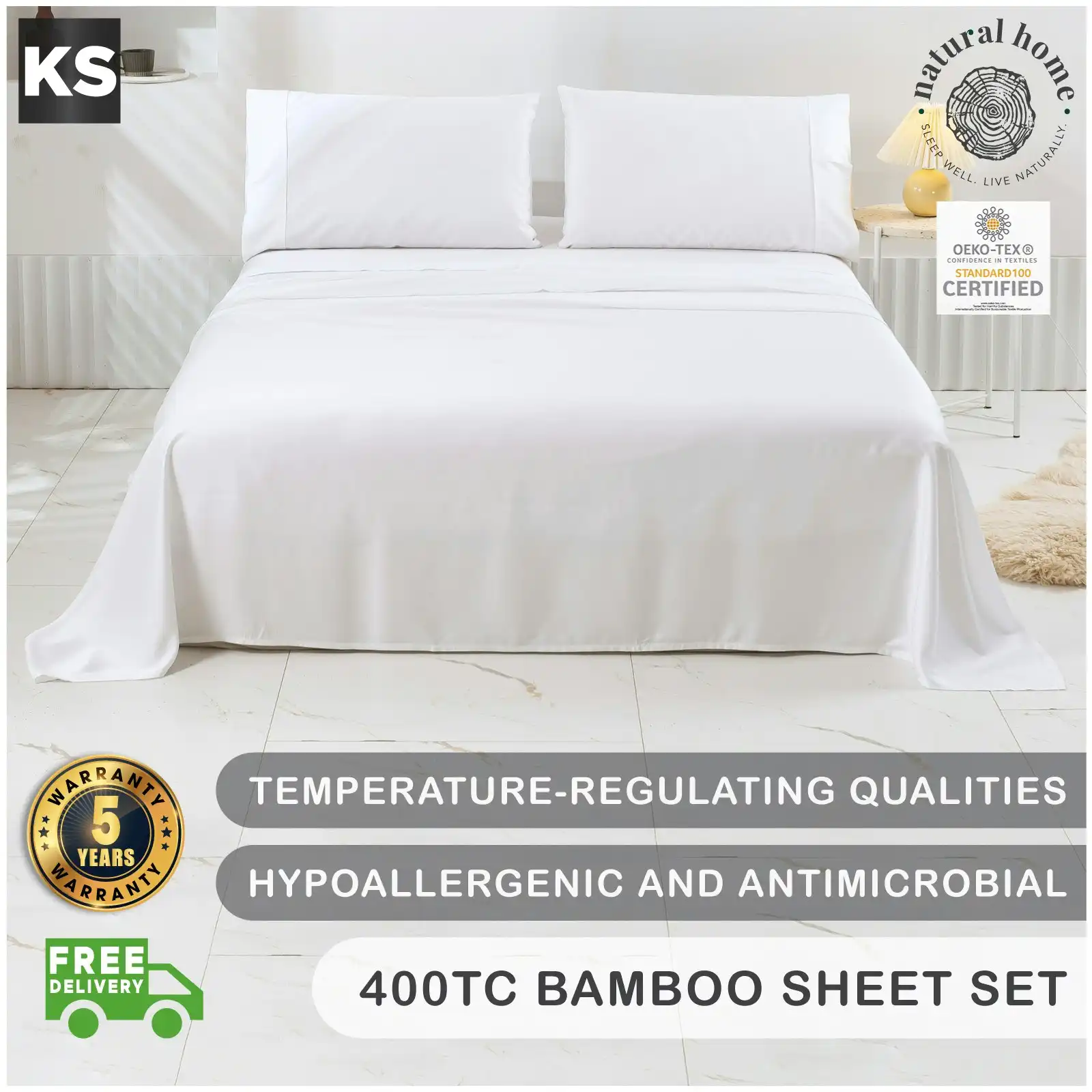 Natural Home Bamboo Sheet Set White King Single Bed