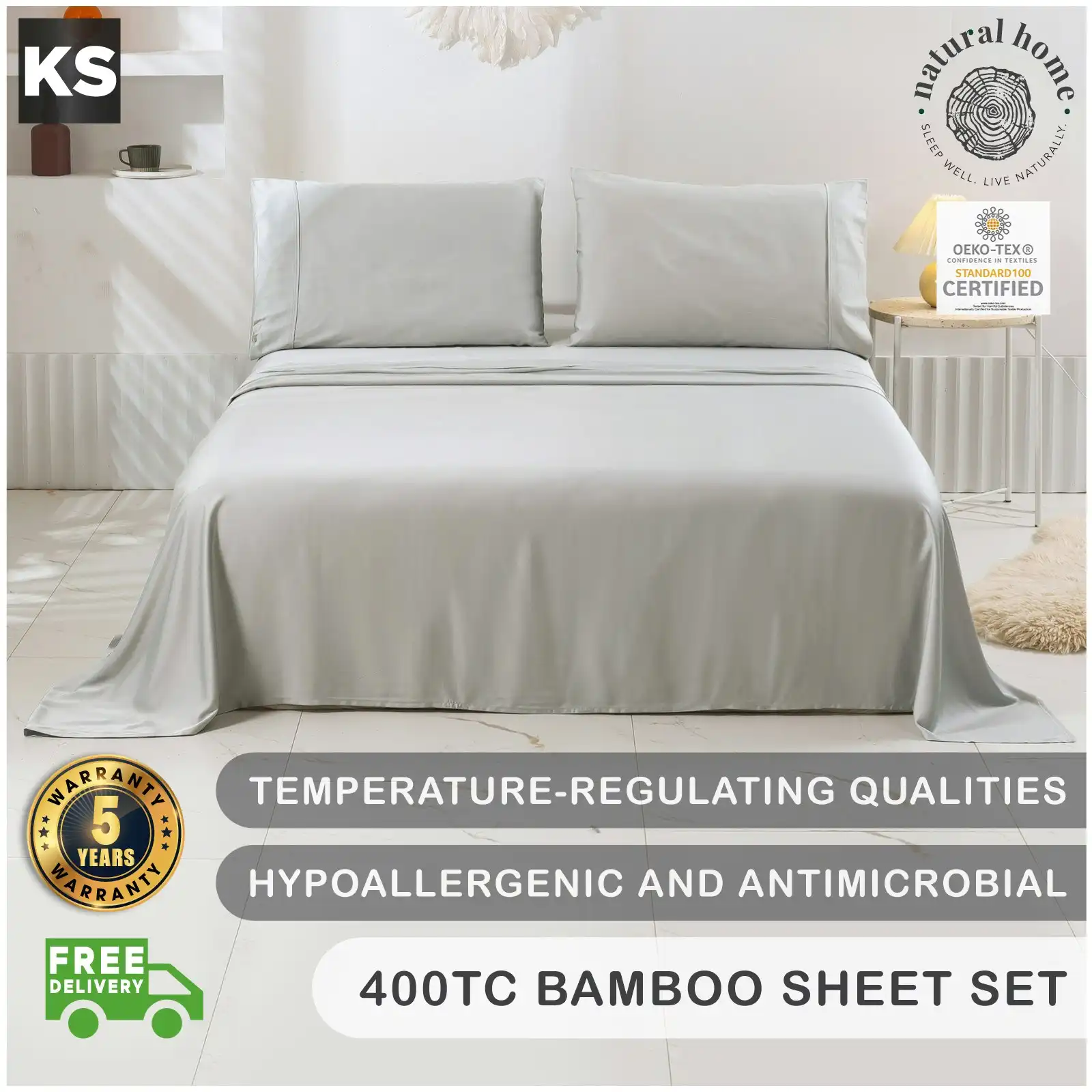 Natural Home Bamboo Sheet Set Dove Grey King Single Bed