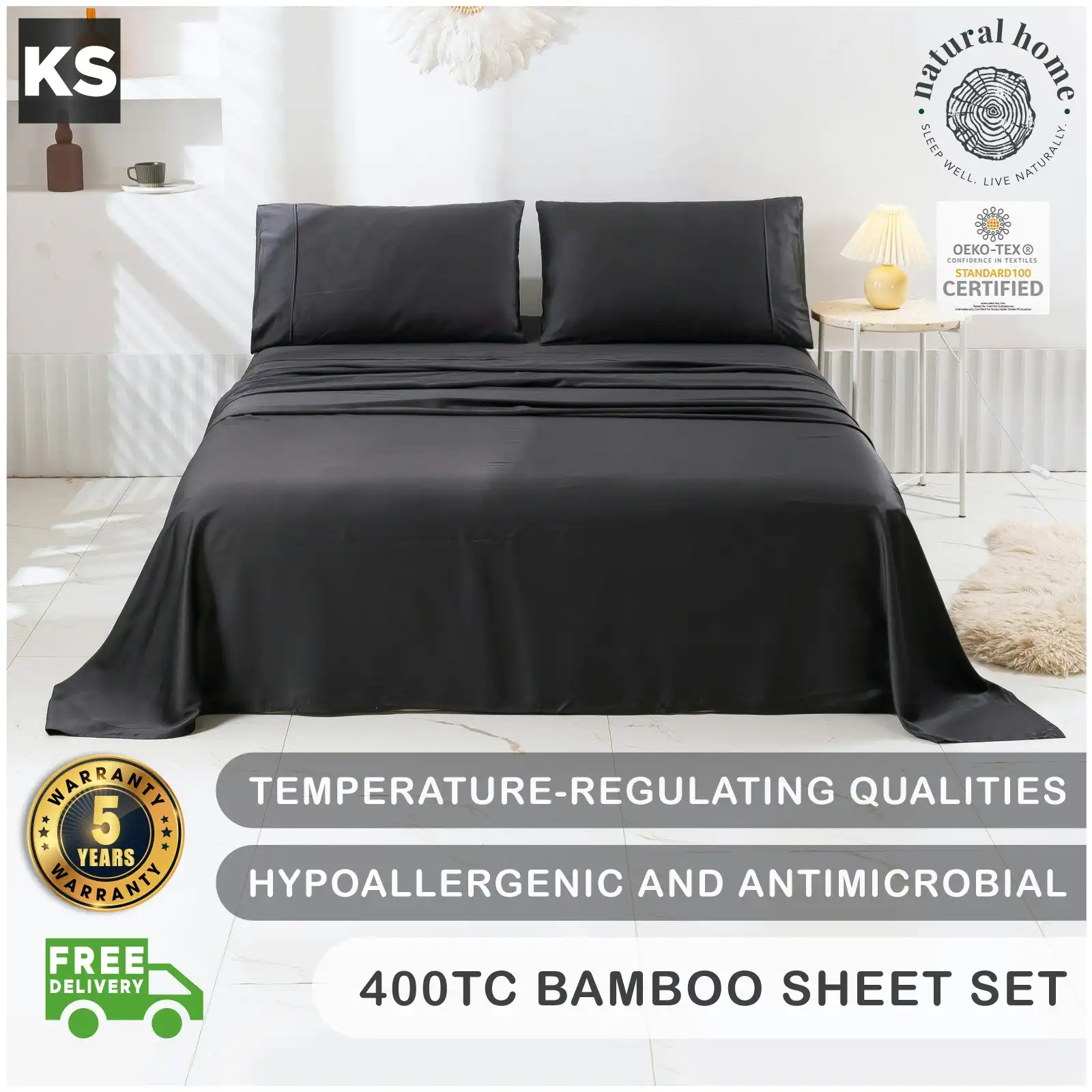 Natural Home Bamboo Sheet Set Charcoal King Single Bed