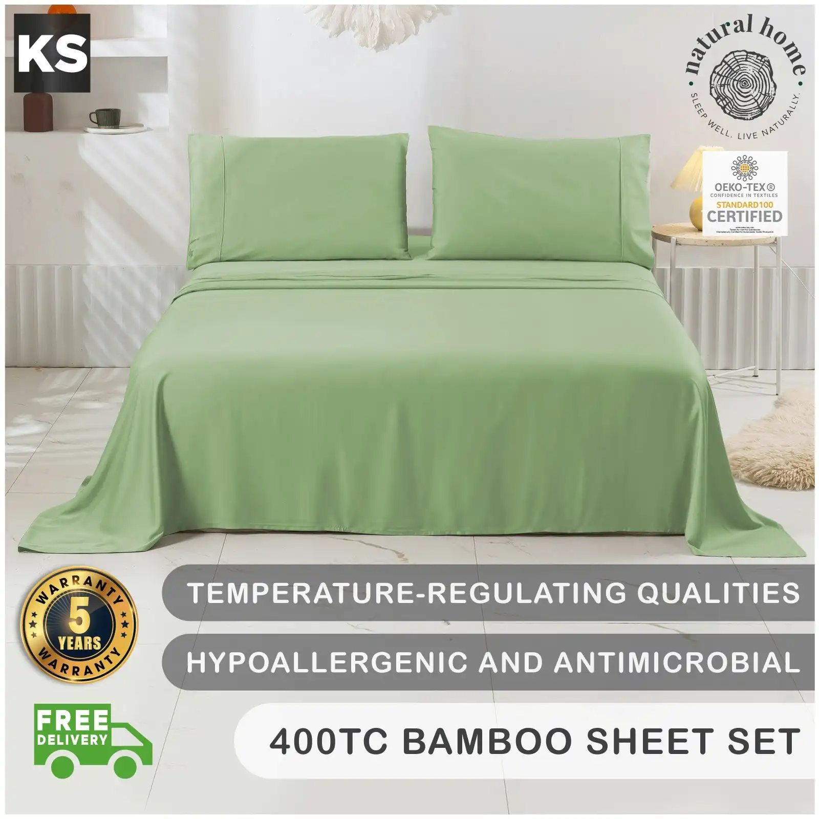 Natural Home Bamboo Sheet Set Sage King Single Bed