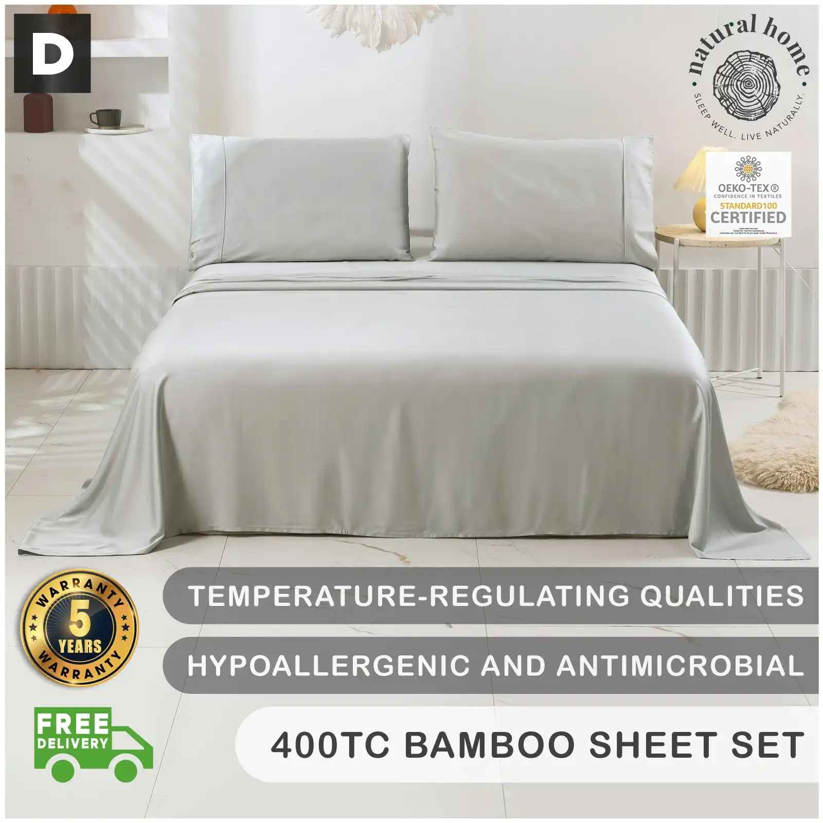 Natural Home Bamboo Sheet Set Dove Grey Double Bed
