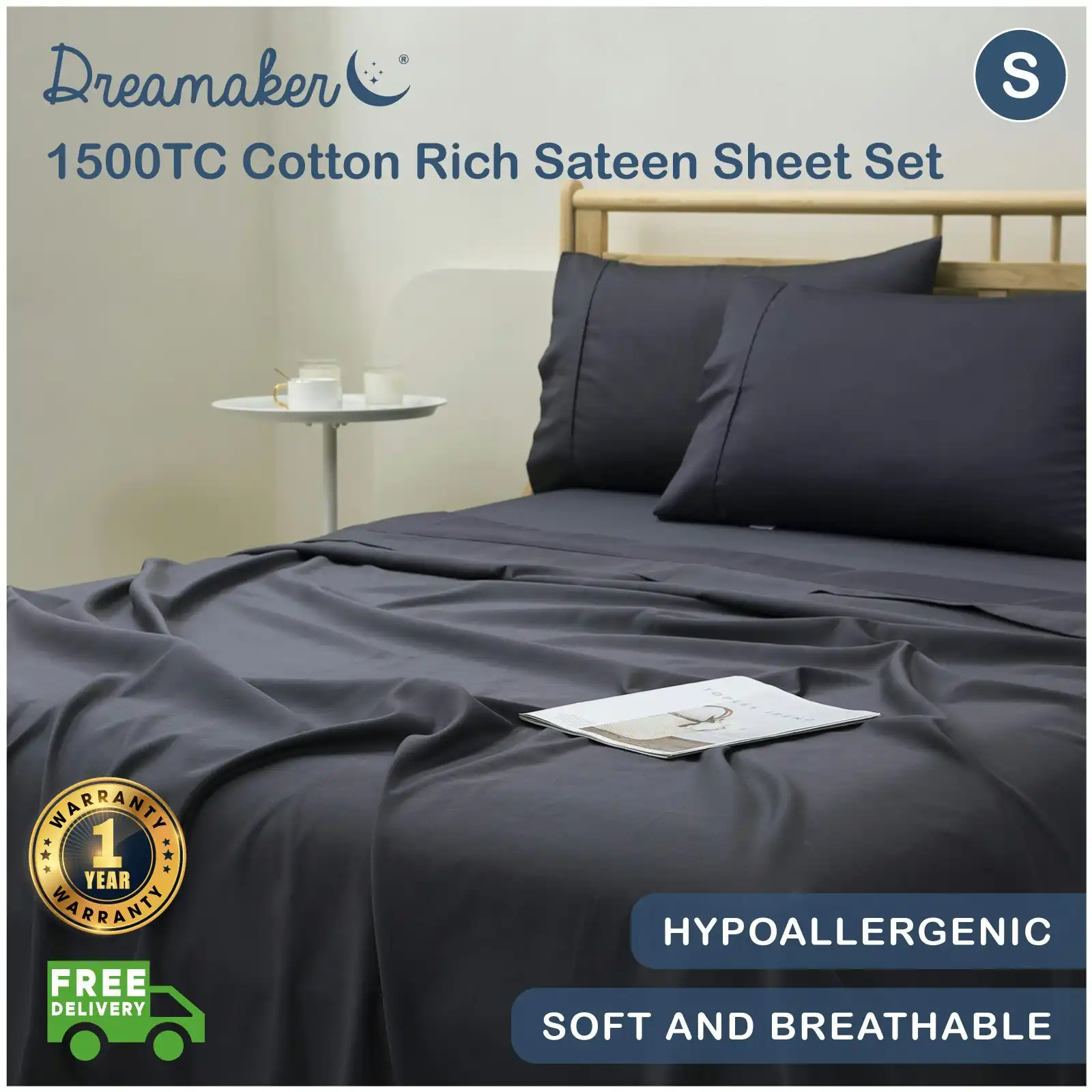 Dreamaker 1500TC Cotton Rich Sateen Sheet Set Charcoal Single Bed