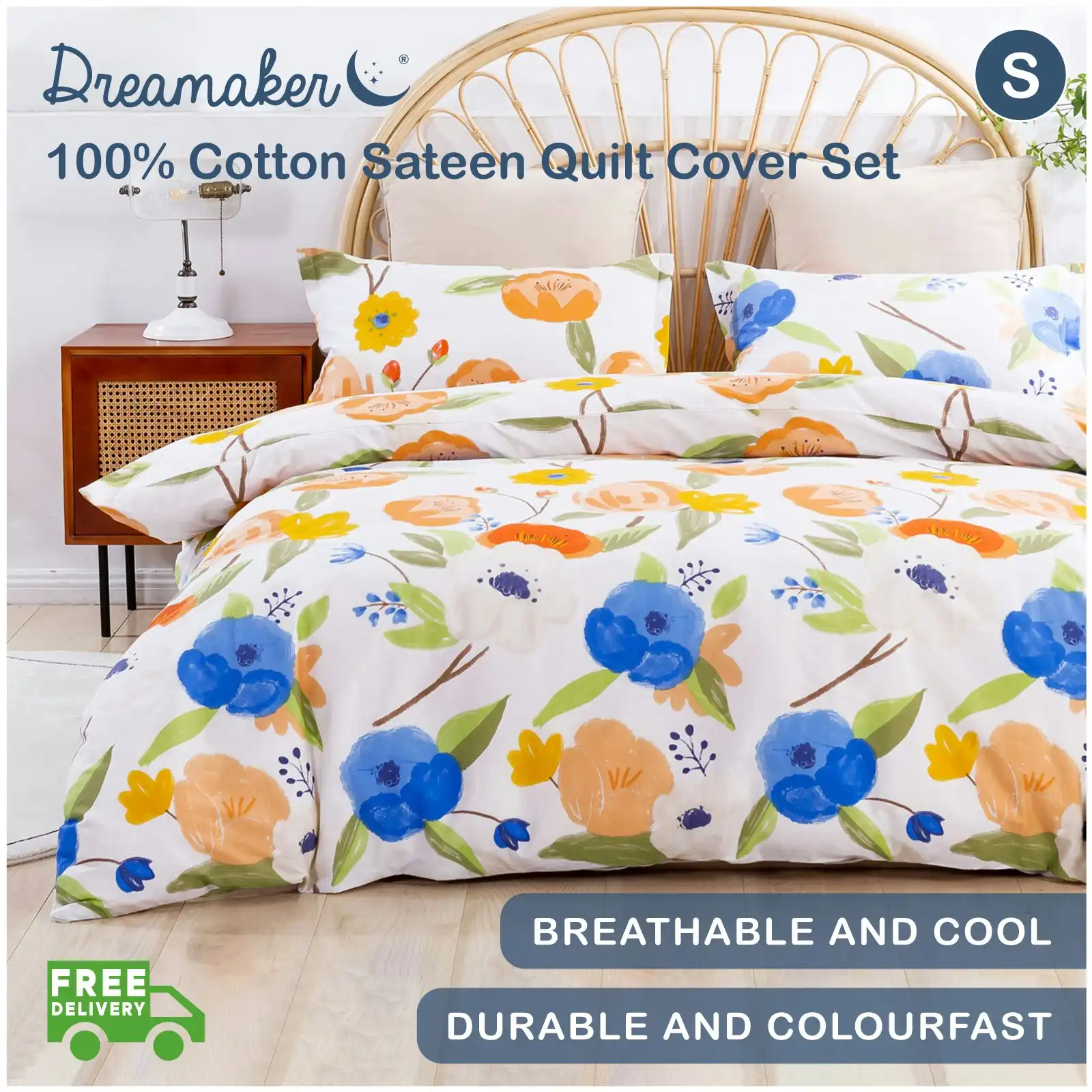 Dreamaker Printed Quilt Cover Set Lily in Orange Single Bed