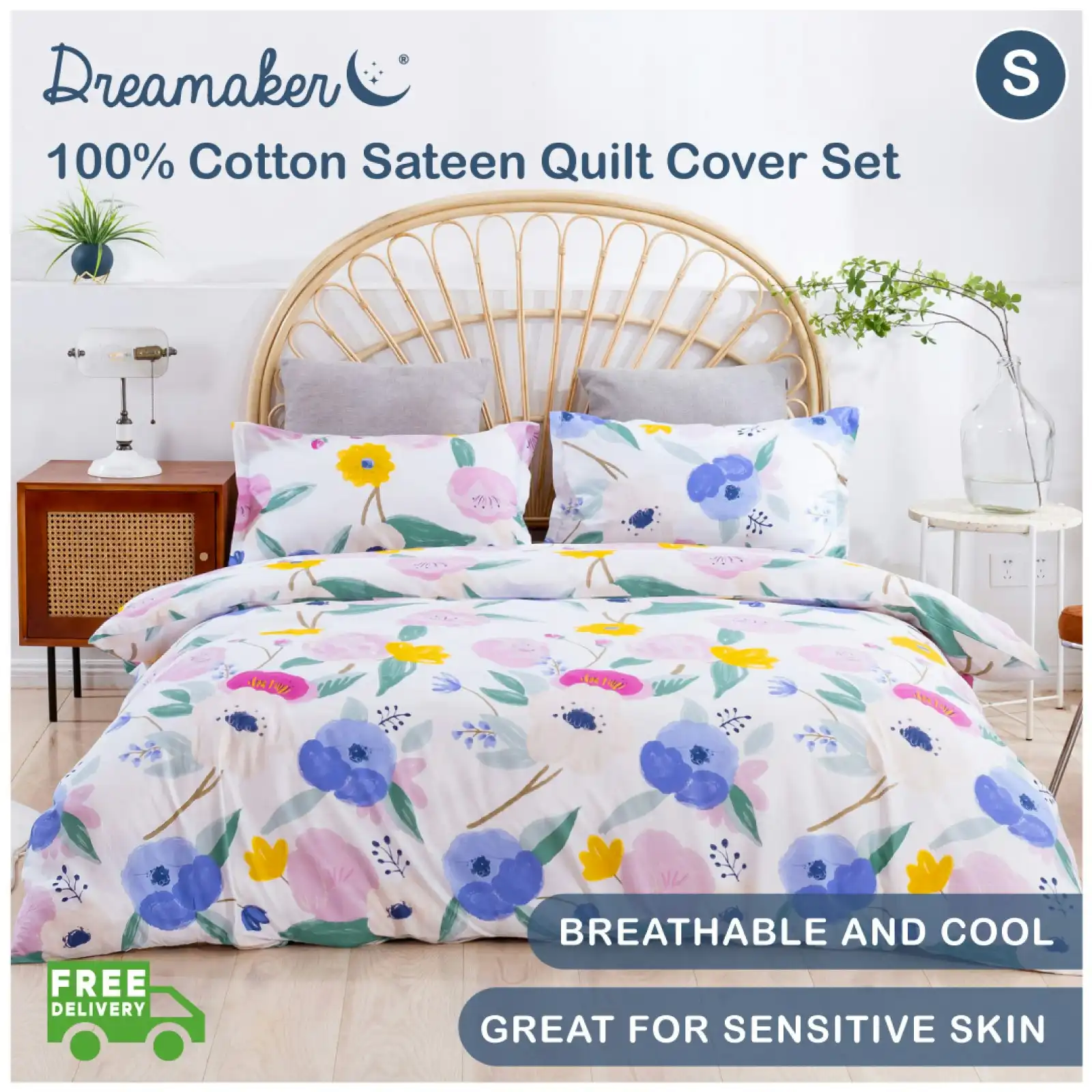 Dreamaker Printed Quilt Cover Set Lily in Purple Single Bed
