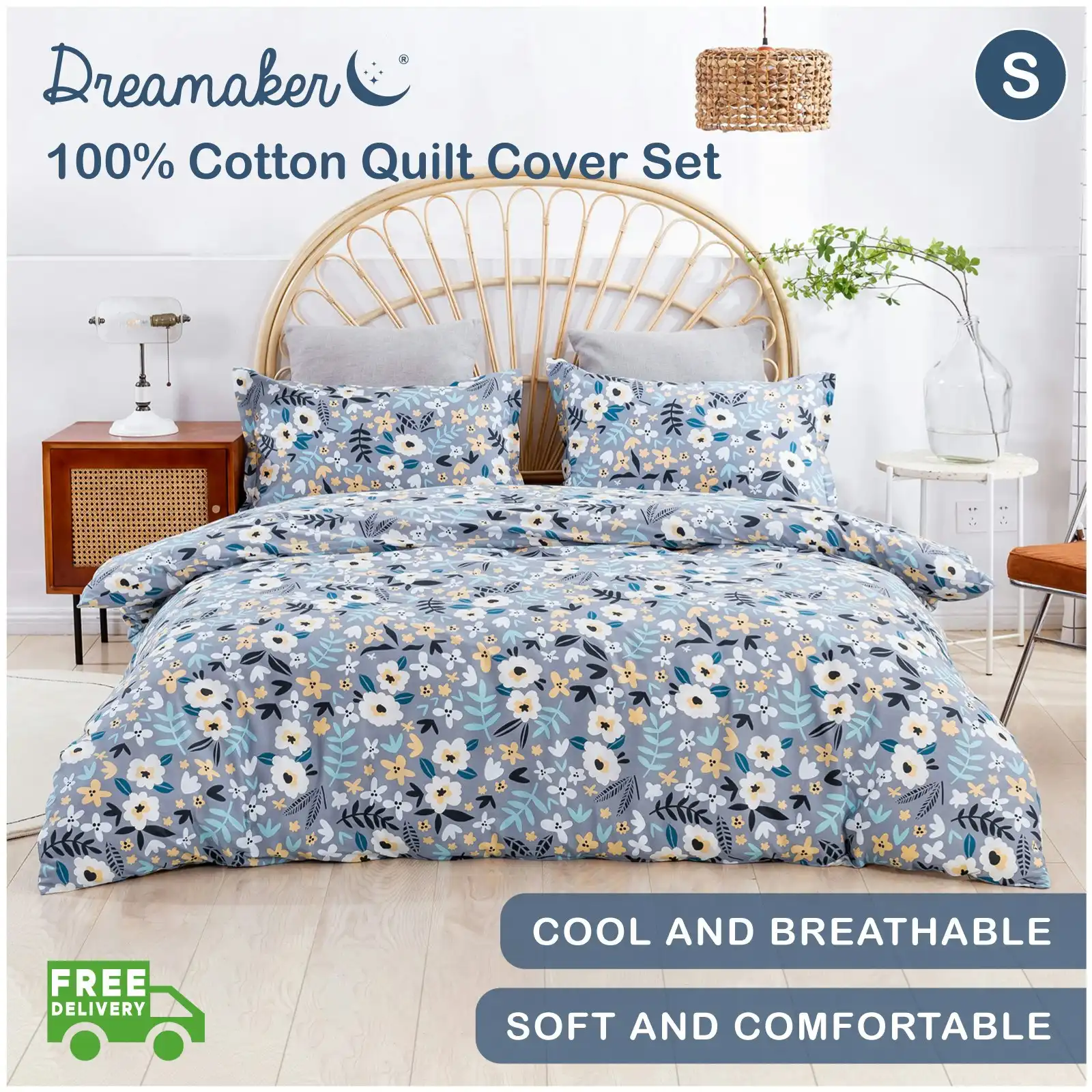 Dreamaker Alice Grey 100% Cotton Quilt Cover Set Single Bed