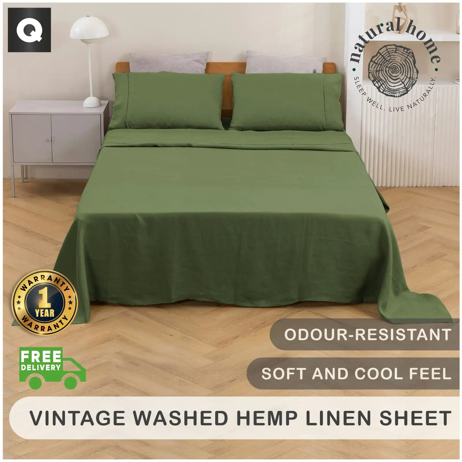 Natural Home Vintage Washed Hemp Linen Sheet Set Olive Queen Bed