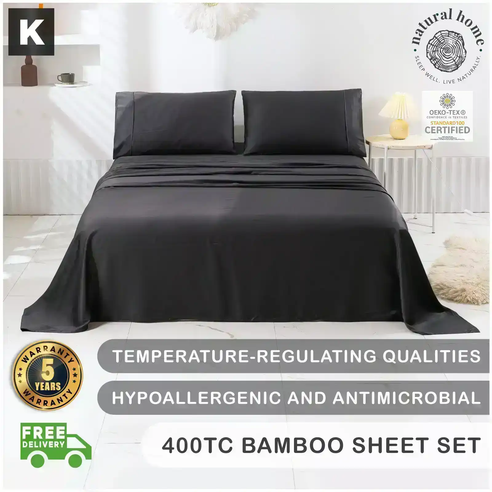 Natural Home Bamboo Sheet Set Charcoal King Bed