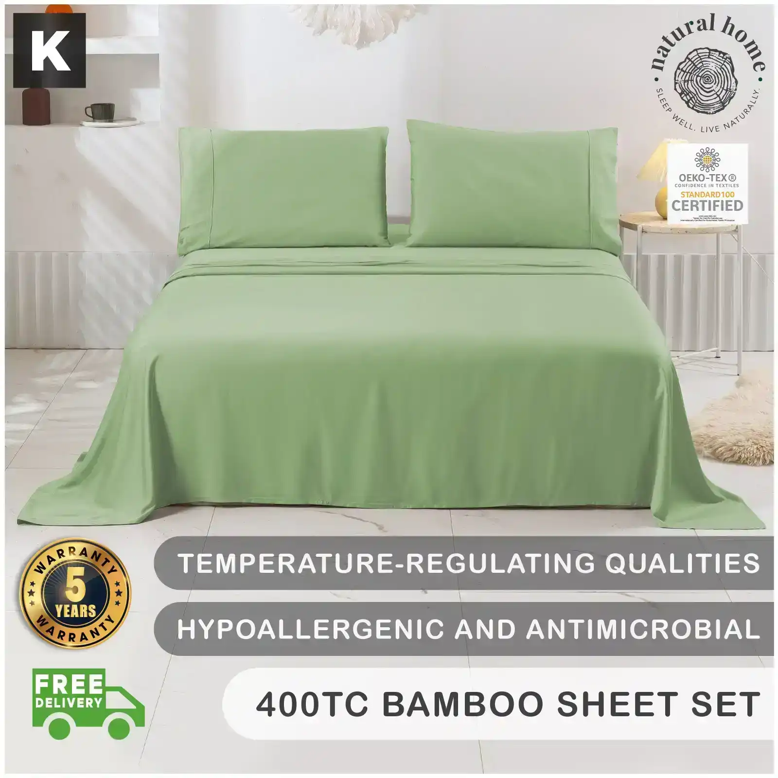 Natural Home Bamboo Sheet Set Sage King Bed