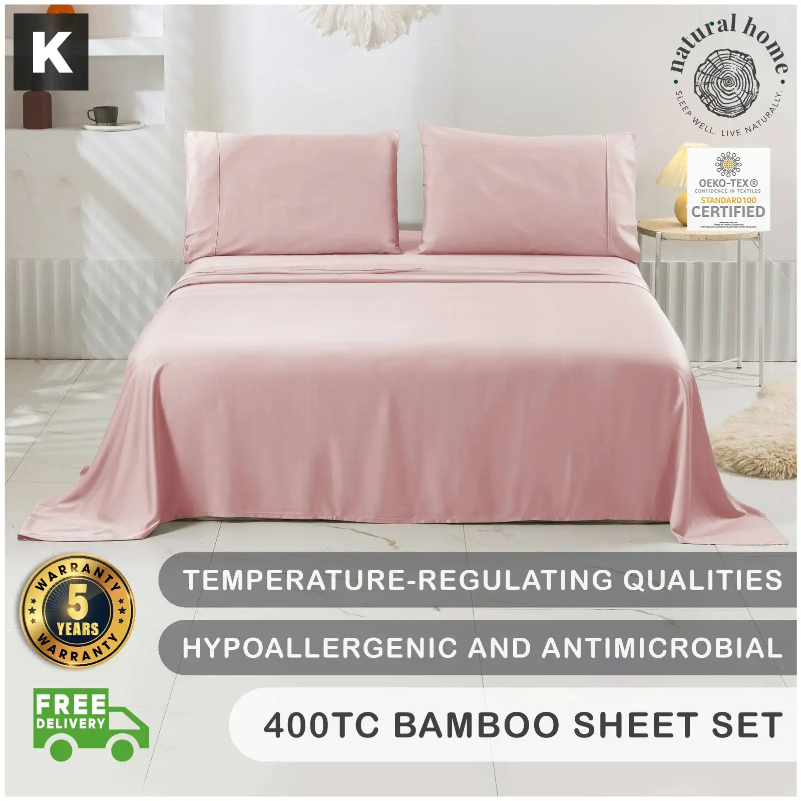 Natural Home Bamboo Sheet Set Blush Pink King Bed