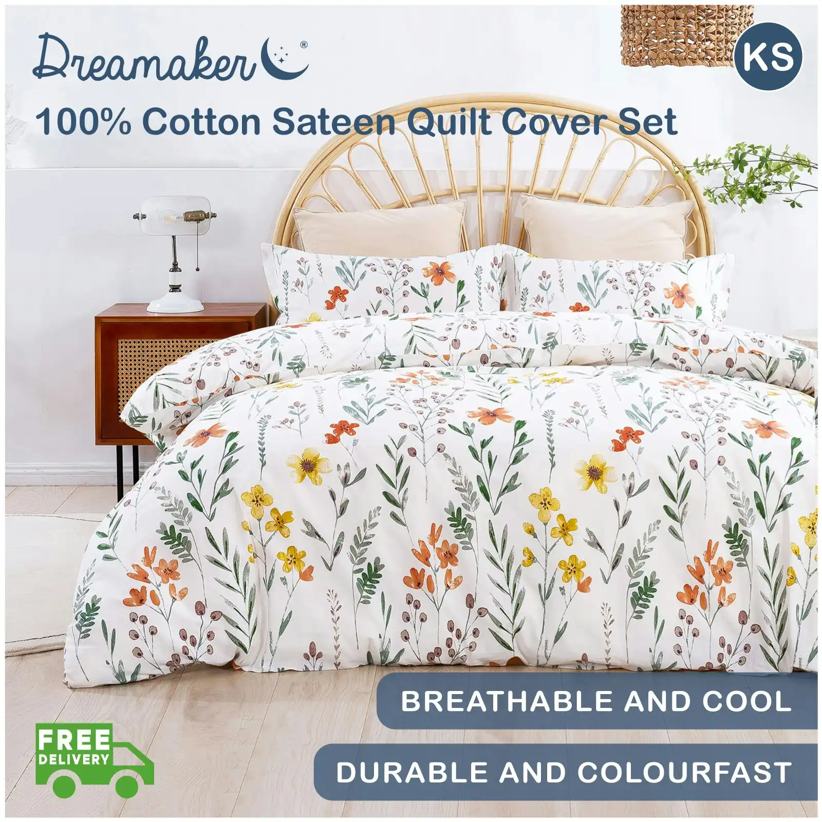 Dreamaker 100% Cotton Sateen Quilt Cover Set Daisy Print King Single Bed