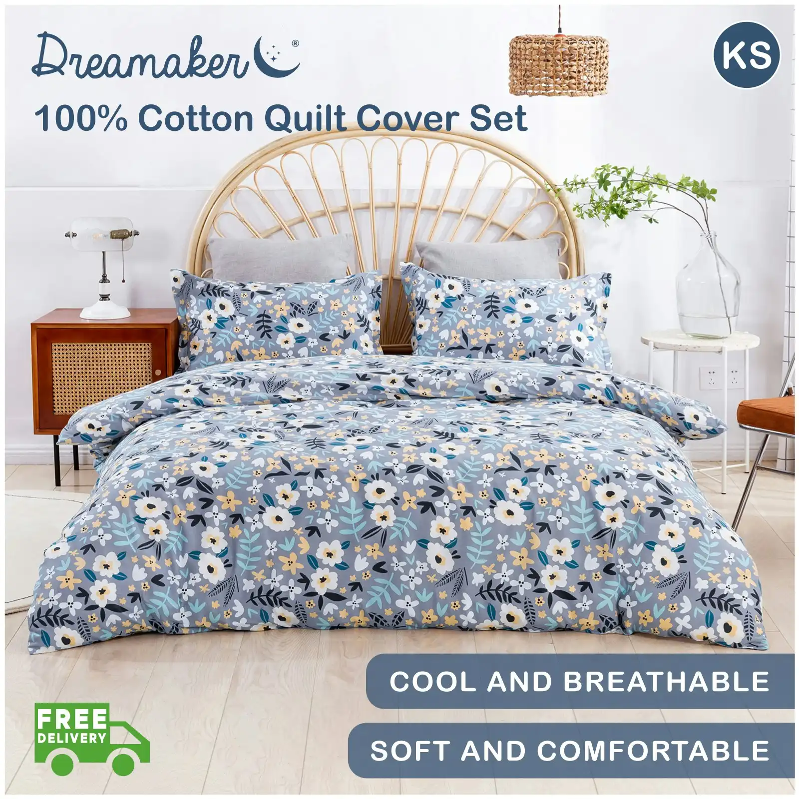 Dreamaker Alice Grey 100% Cotton Quilt Cover Set King Single Bed
