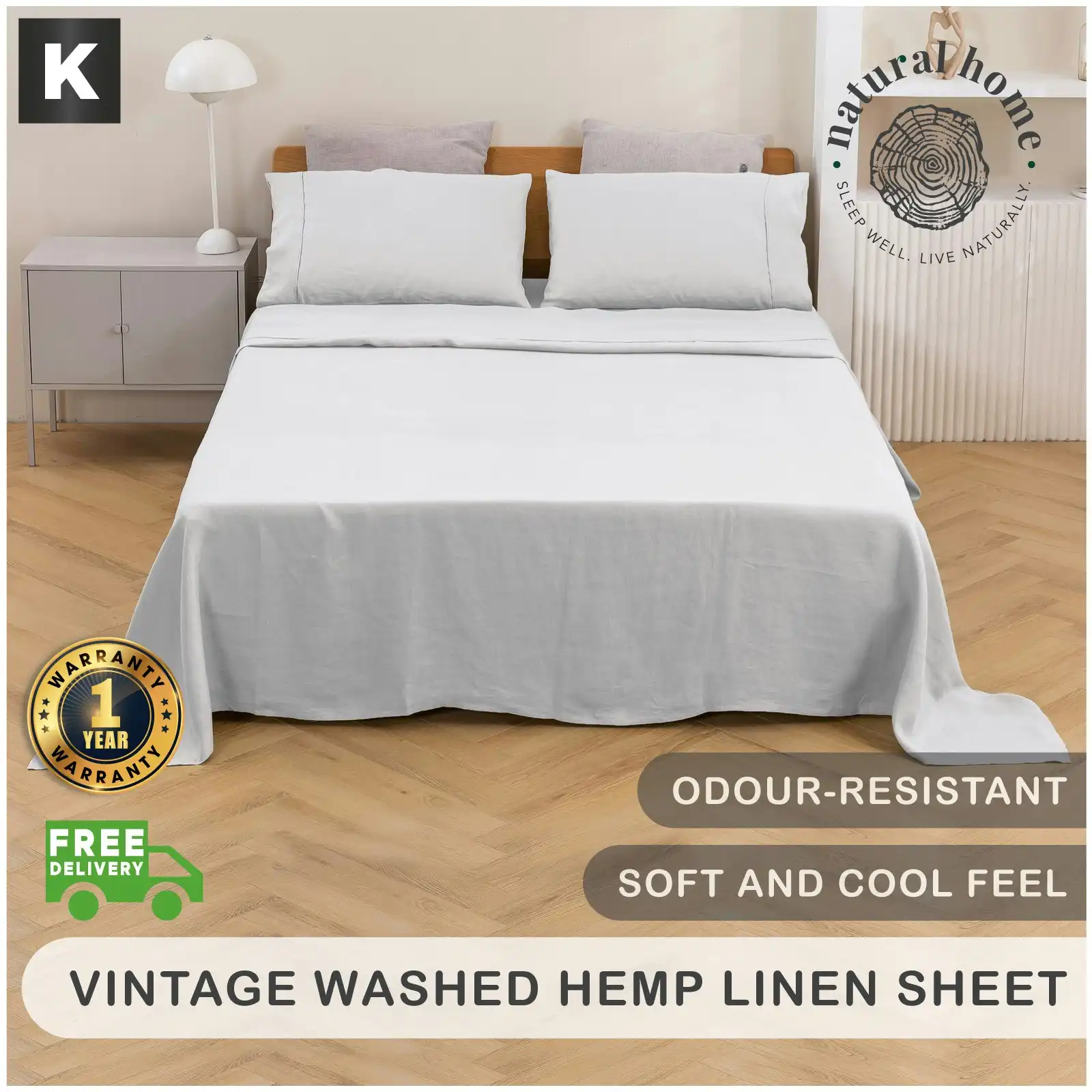 Natural Home Vintage Washed Hemp Linen Sheet Set Dove Grey King Bed