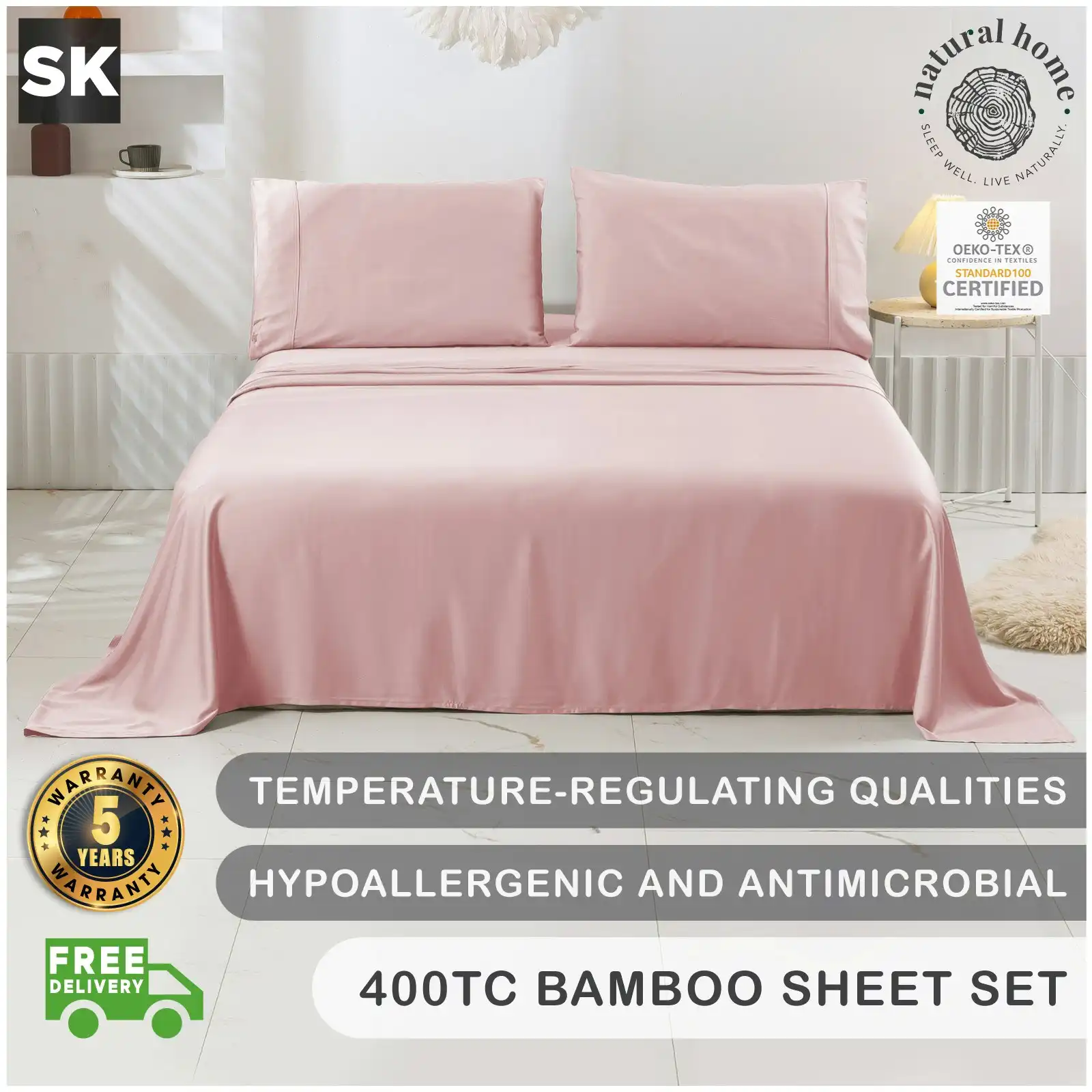 Natural Home Bamboo Sheet Set Blush Pink Super King Bed