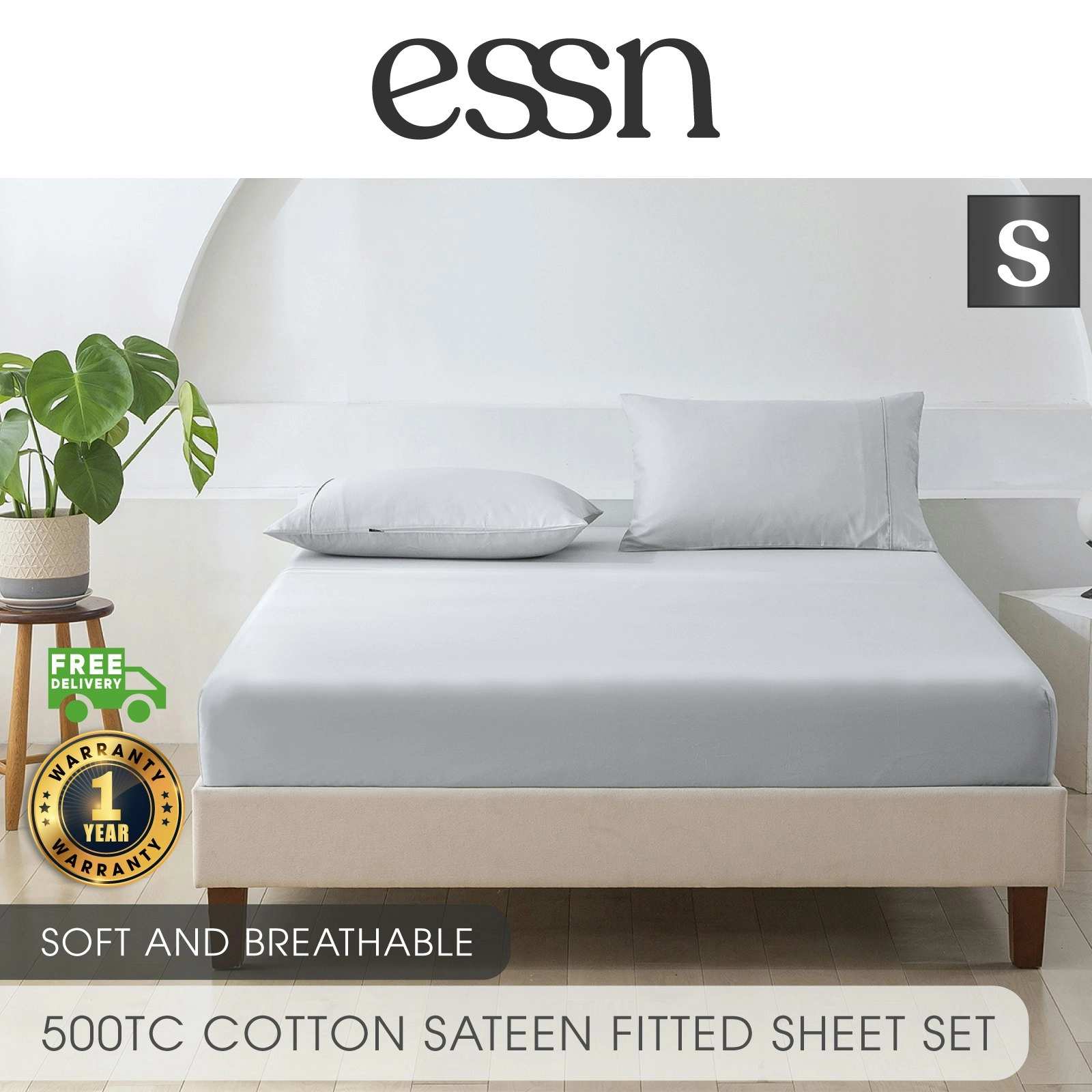 ESSN 500TC Cotton Sateen Fitted Sheet Set Silver Single Bed