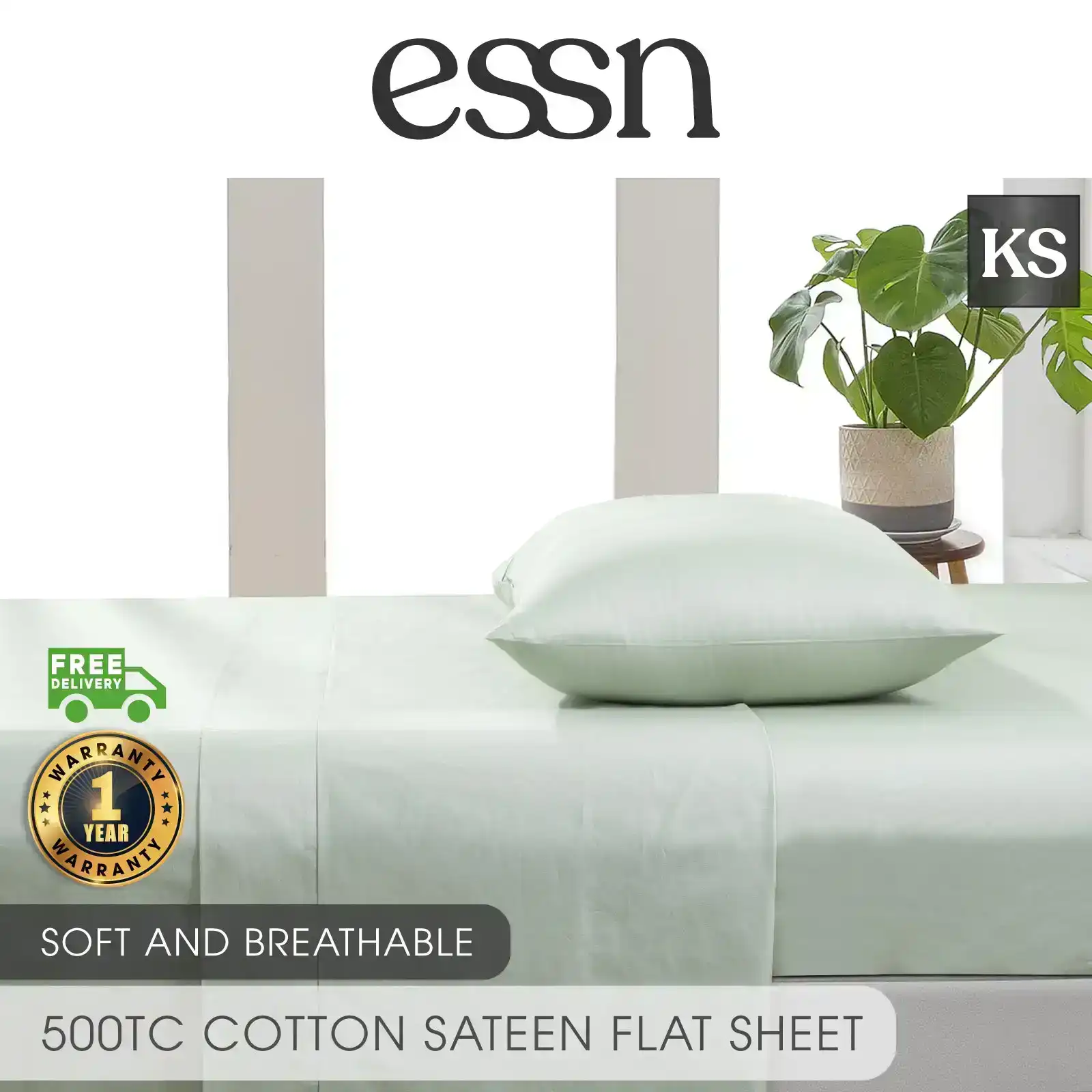 ESSN 500TC Cotton Sateen Flat Sheet Sage King Single Bed