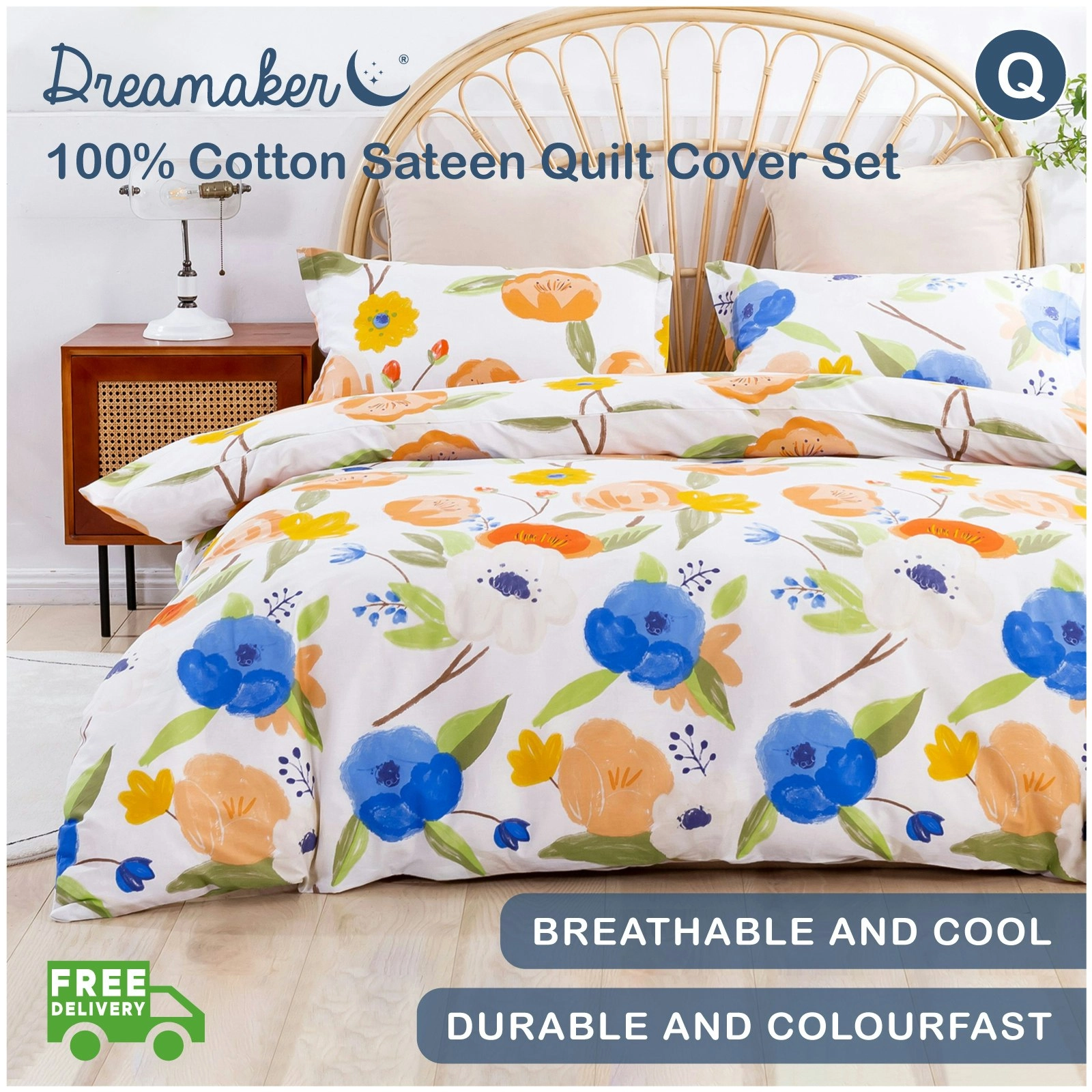 Dreamaker Printed Quilt Cover Set Lily in Orange Queen Bed