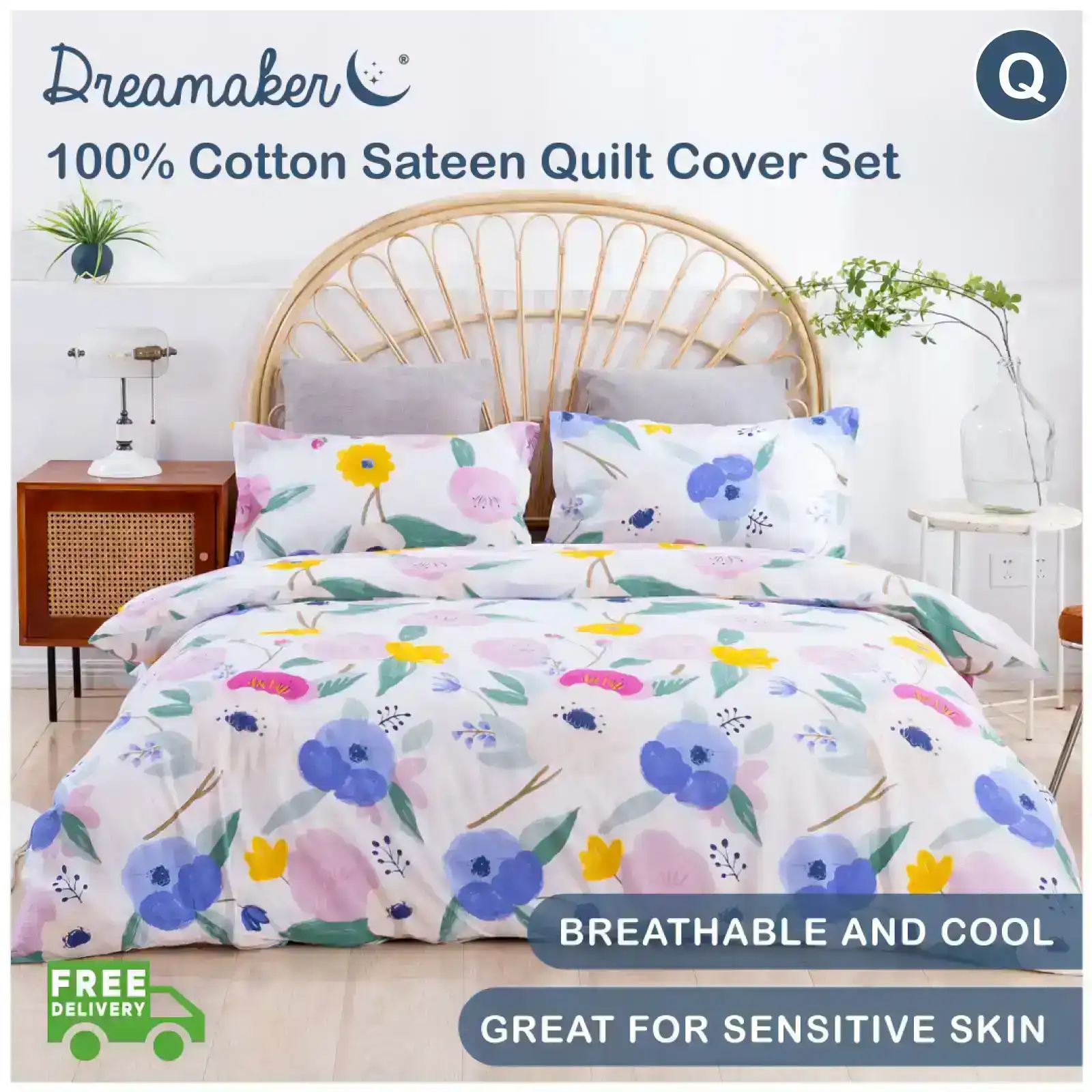 Dreamaker Printed Quilt Cover Set Lily in Purple Queen Bed