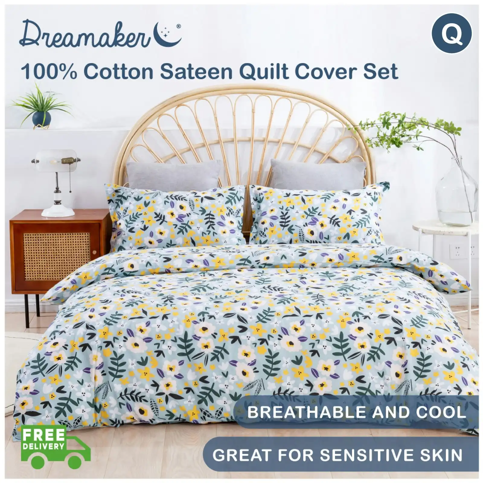 Dreamaker Printed Quilt Cover Set Green to Alice Queen Bed