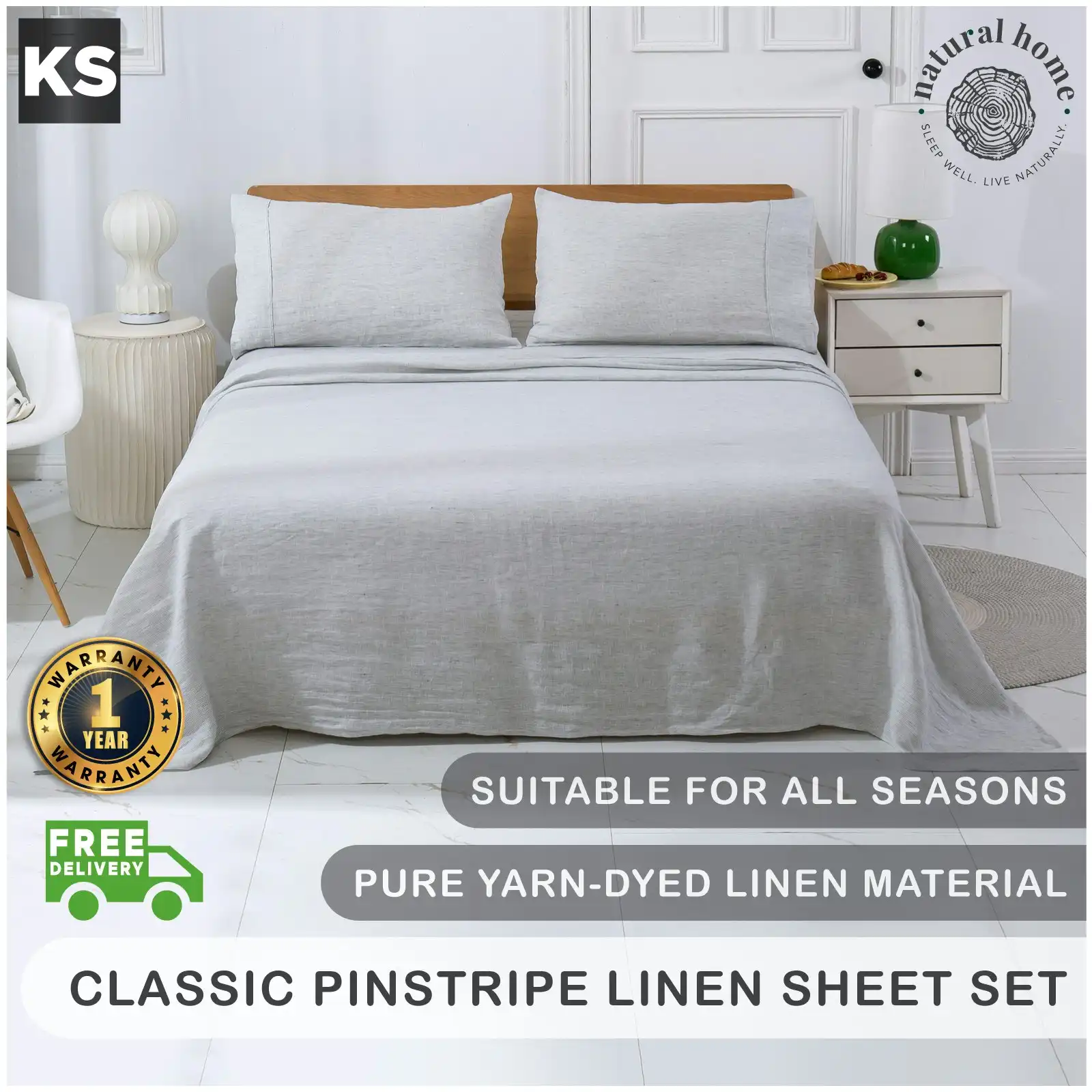 Natural Home Classic Pinstripe Linen Sheet Set White with Dark Pinstripe King Single Bed