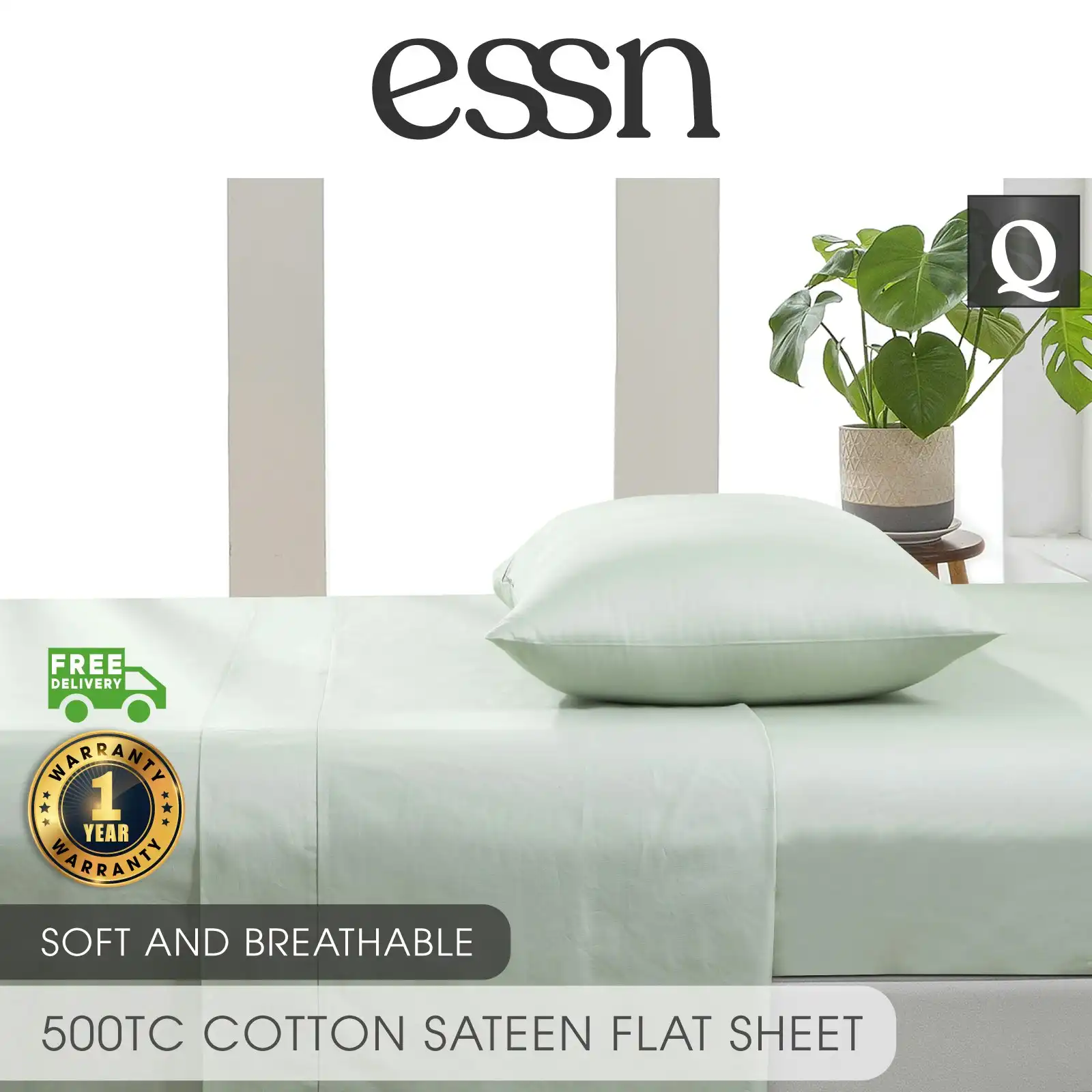 ESSN 500TC Cotton Sateen Flat Sheet Sage Queen Bed
