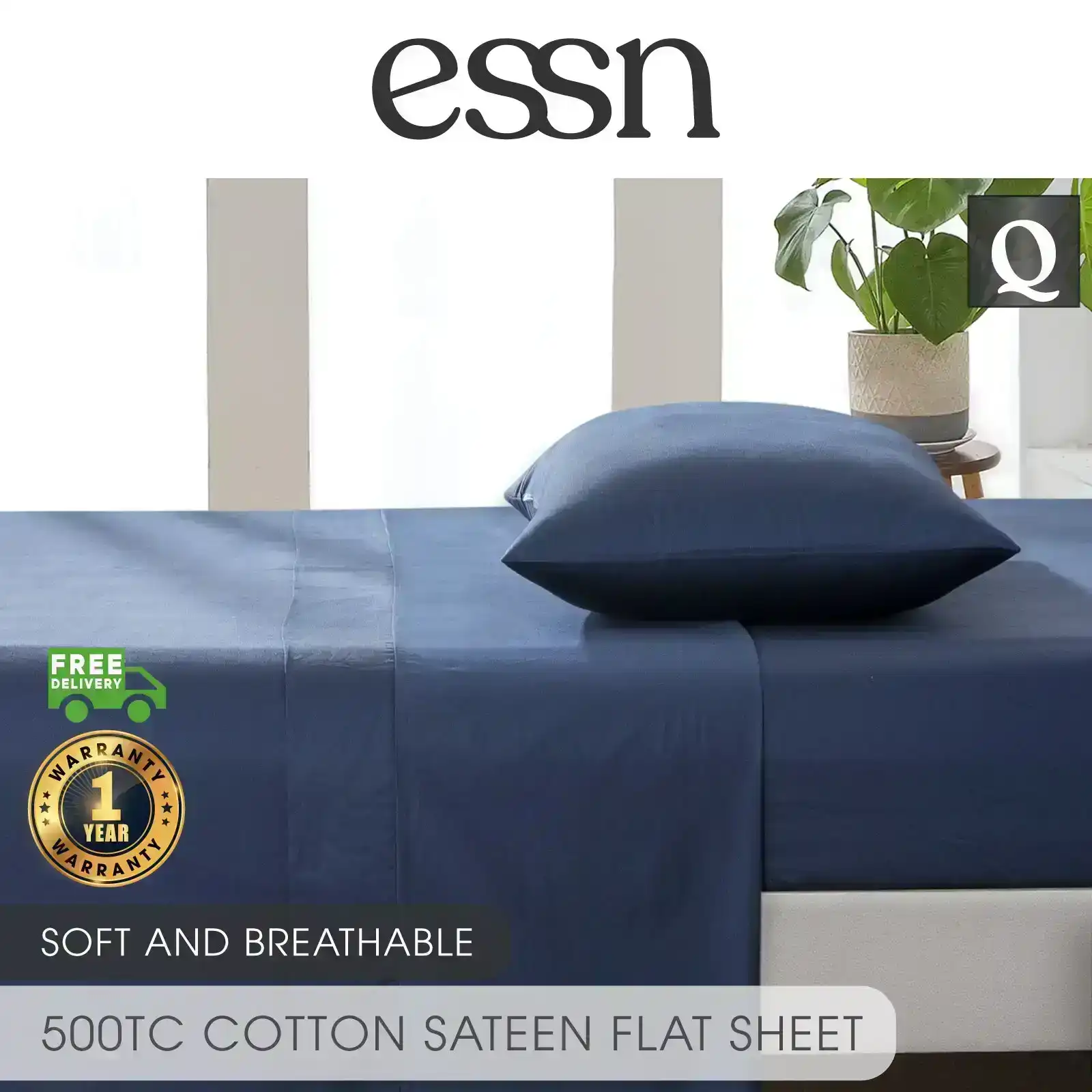 ESSN 500TC Cotton Sateen Flat Sheet Navy Queen Bed