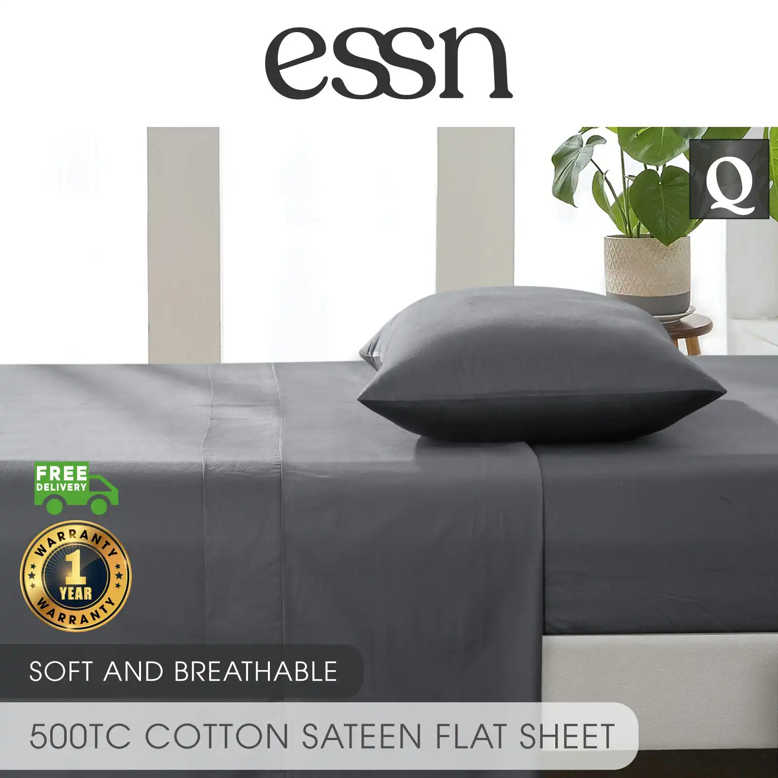ESSN 500TC Cotton Sateen Flat Sheet Charcoal Queen Bed