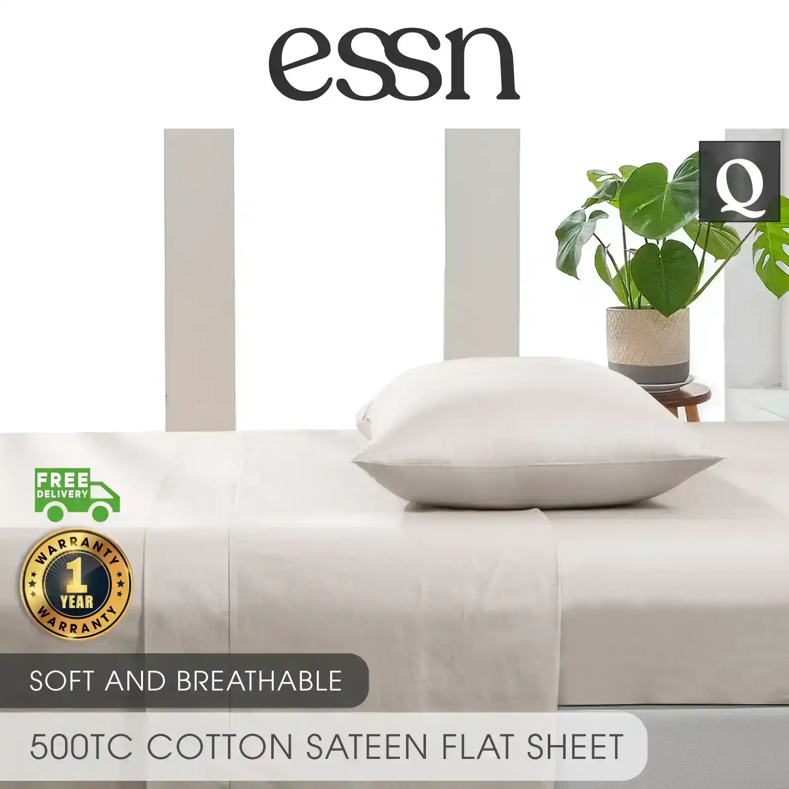 ESSN 500TC Cotton Sateen Flat Sheet Stone Queen Bed