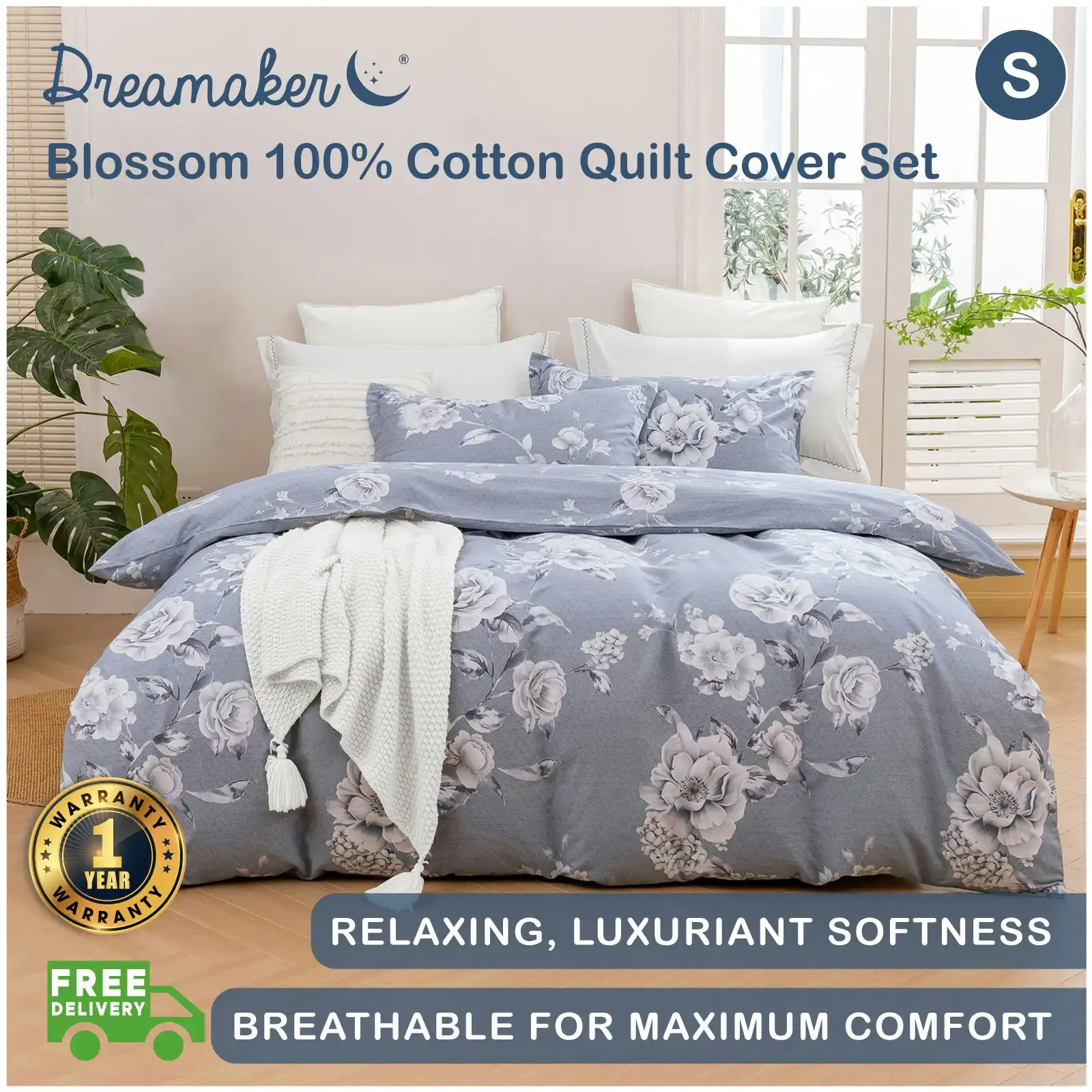 Dreamaker Blossom 100% Cotton Quilt Cover Set Silver Single Bed