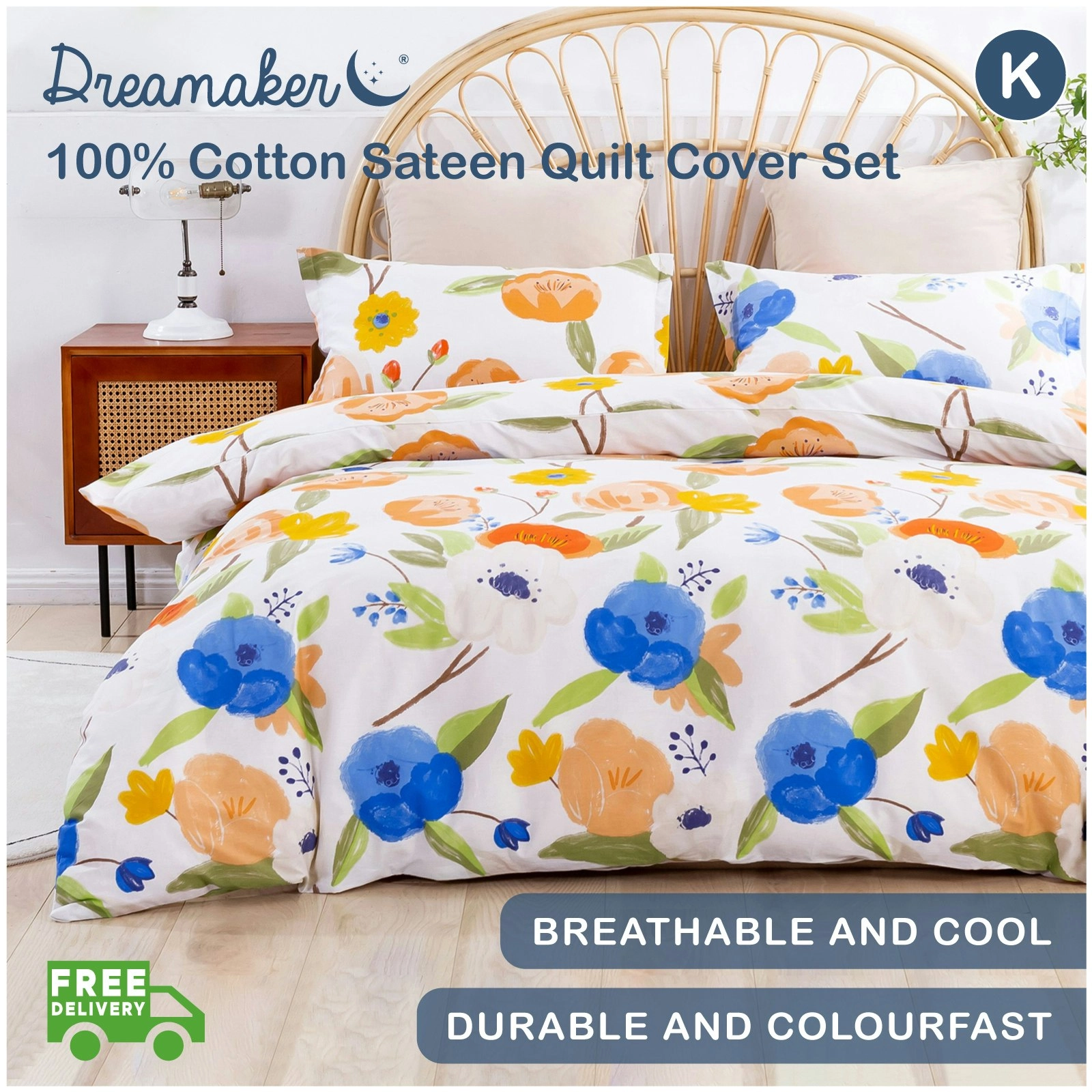 Dreamaker 100% Cotton Sateen Quilt Cover Set Lily in Orange Print King Bed