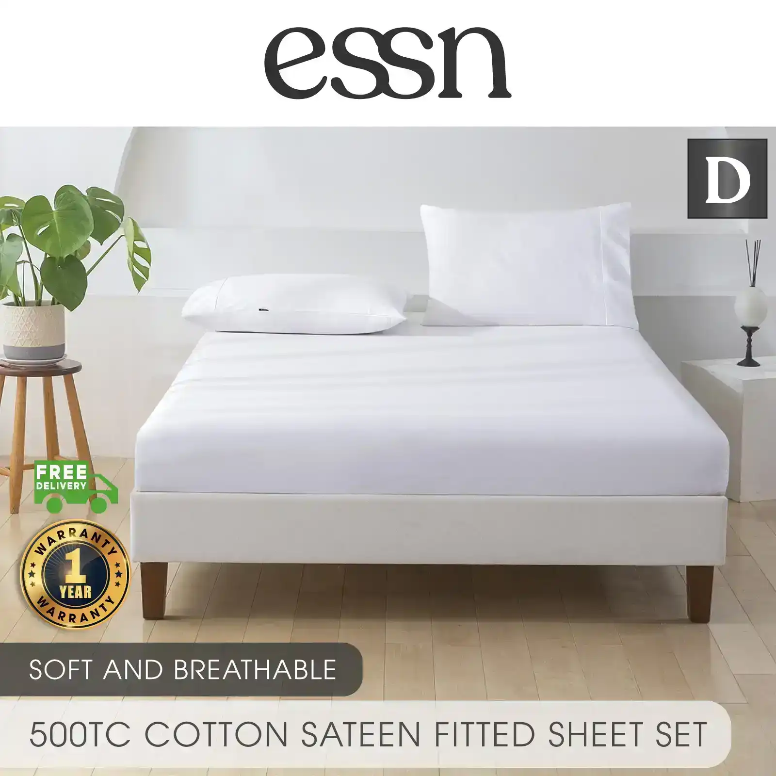 ESSN 500TC Cotton Sateen Fitted Sheet Set White Double Bed