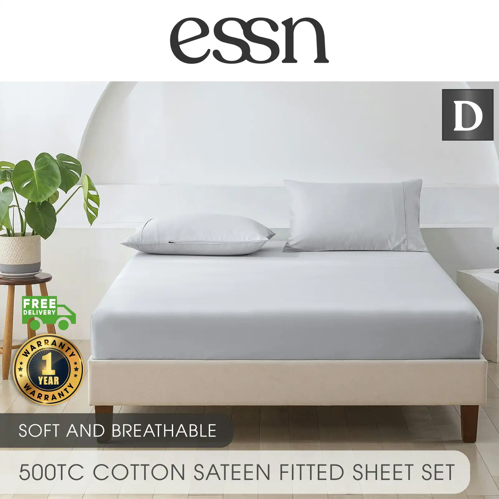 ESSN 500TC Cotton Sateen Fitted Sheet Set Silver Double Bed