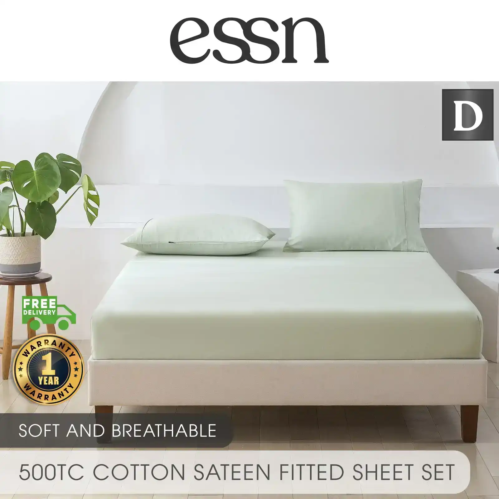 ESSN 500TC Cotton Sateen Fitted Sheet Set Sage Double Bed