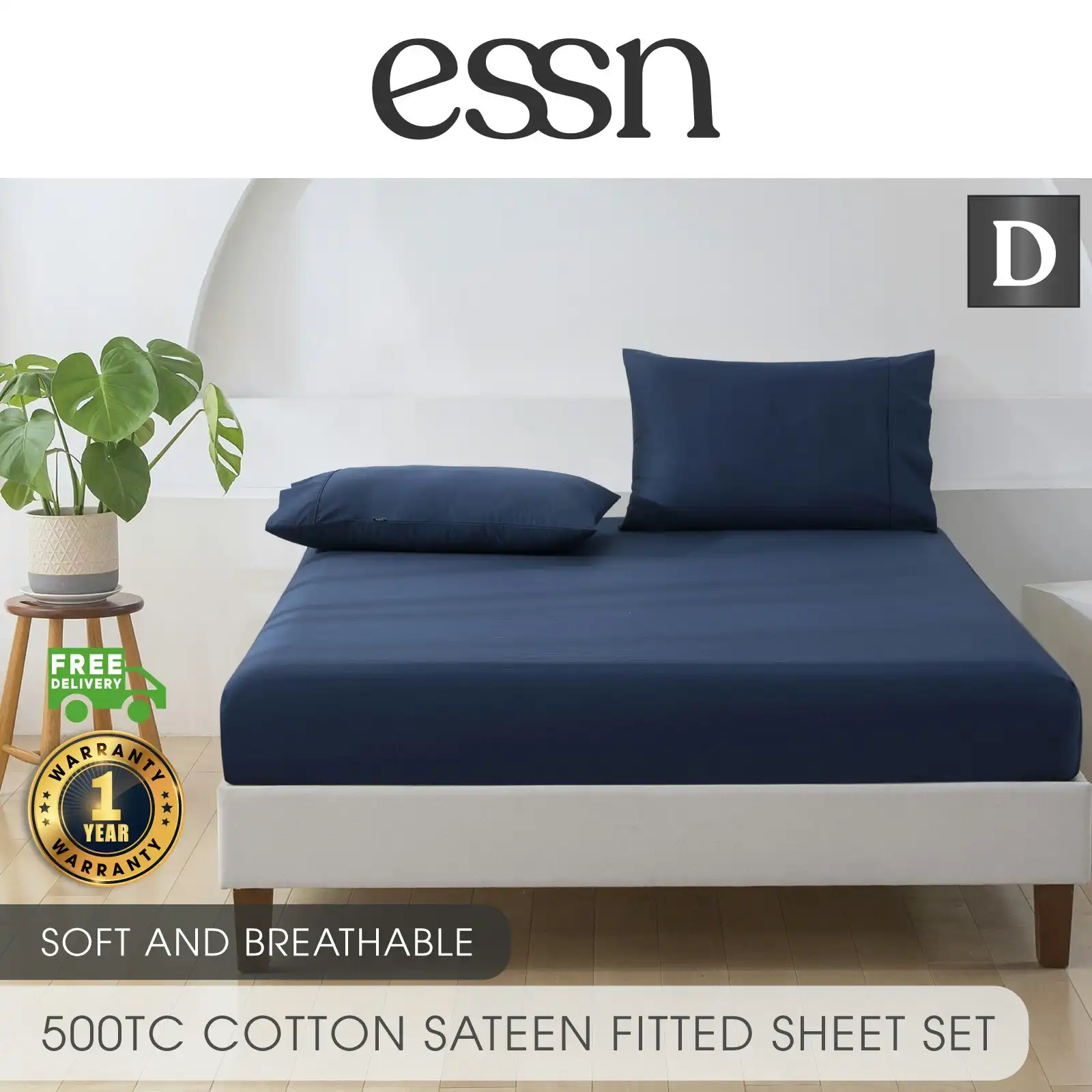 ESSN 500TC Cotton Sateen Fitted Sheet Set Navy Double Bed