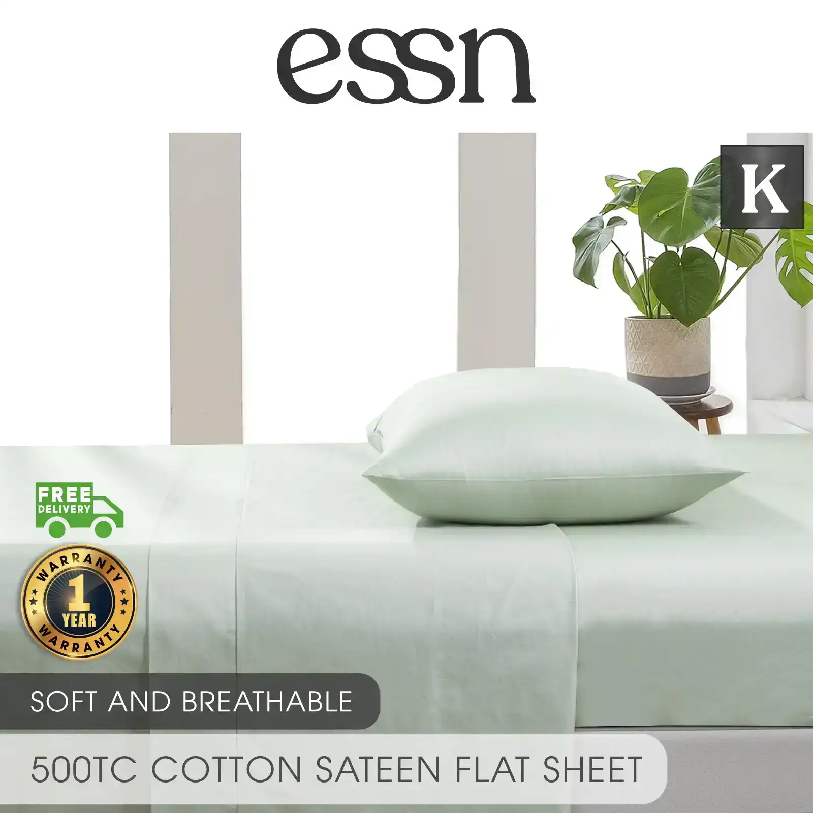 ESSN 500TC Cotton Sateen Flat Sheet Sage King Bed