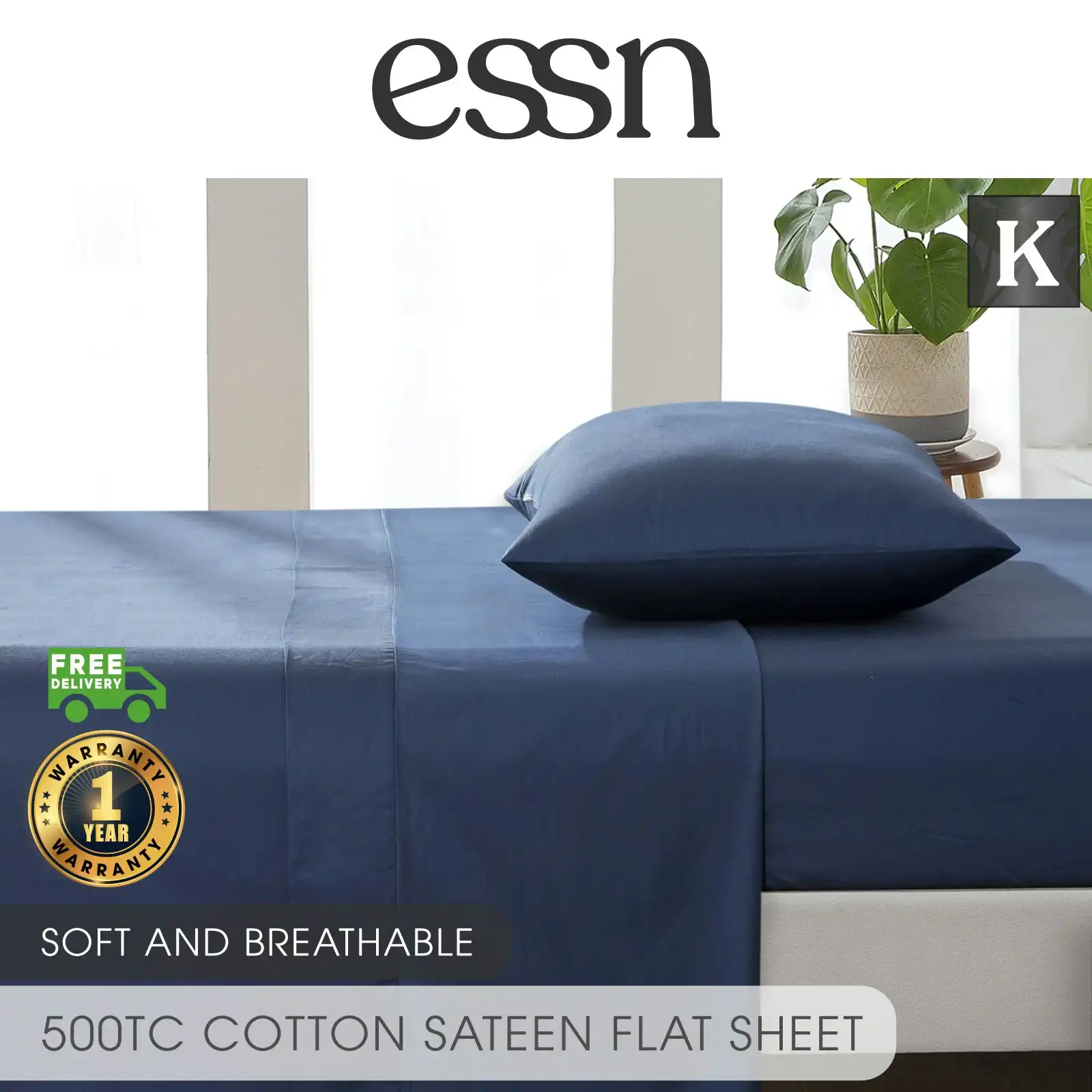 ESSN 500TC Cotton Sateen Flat Sheet Navy King Bed