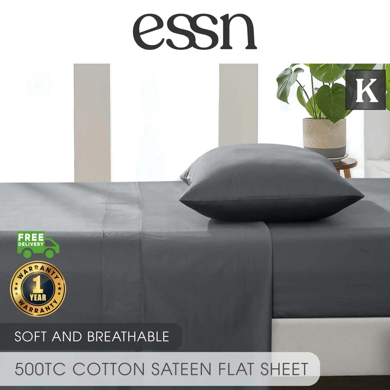 ESSN 500TC Cotton Sateen Flat Sheet Charcoal King Bed