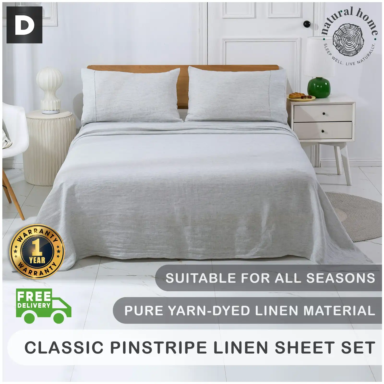 Natural Home Classic Pinstripe Linen Sheet Set White with Dark Pinstripe Double Bed