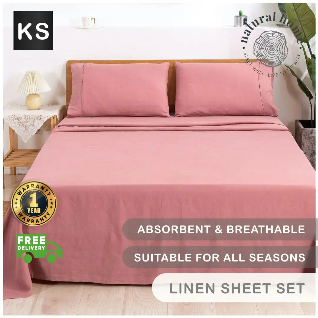Natural Home 100% European Flax Linen Sheet Set Rose Gold King Single Bed