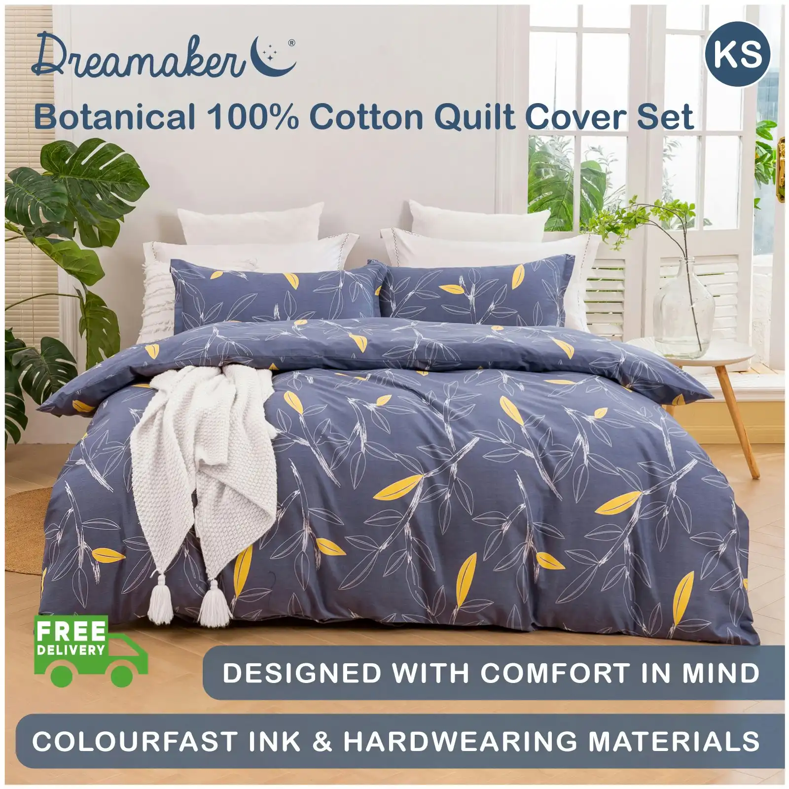 Dreamaker Botanical 100% Cotton Quilt Cover Set Grey King Single Bed
